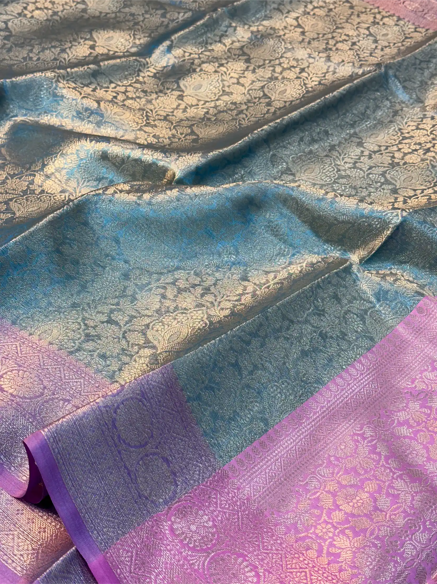 Pastel Firozi Tissue Silk Kanjivaram Embossed Banarasi Saree - Image 3