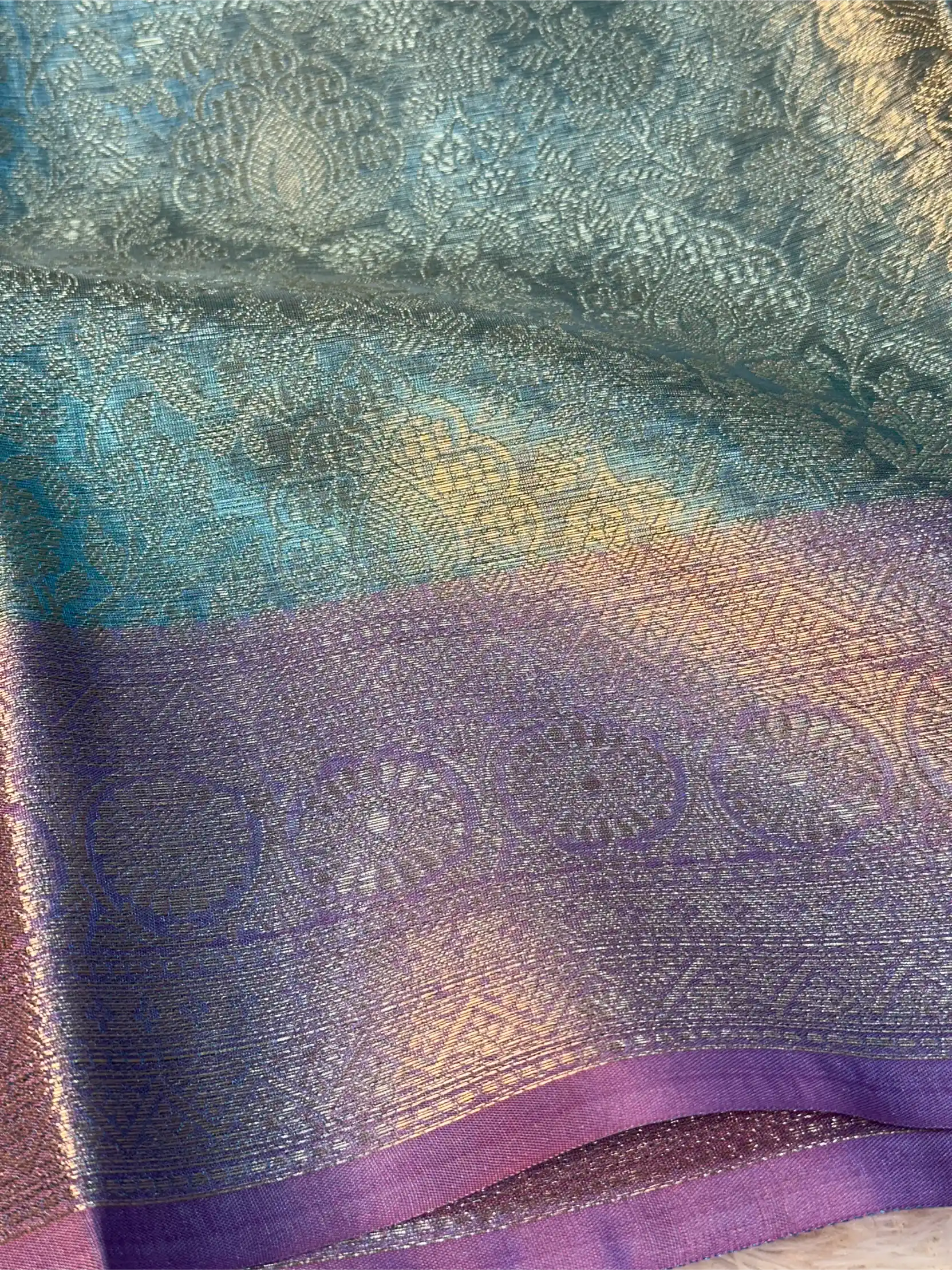 Pastel Firozi Tissue Silk Kanjivaram Embossed Banarasi Saree - Image 5
