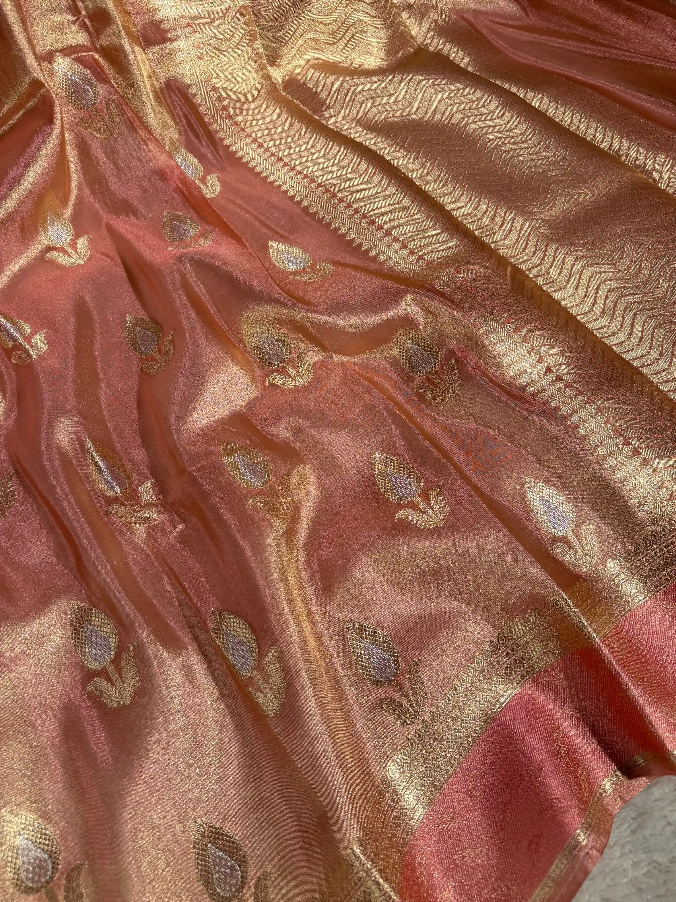 Pastel Peach Breathable Tissue Silk Flower Buta Banarasi Saree - Image 2