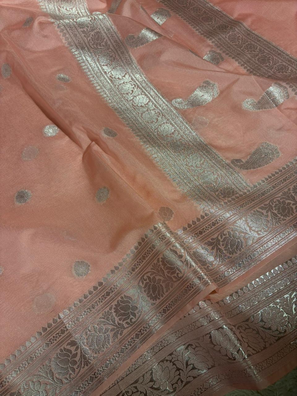 Pastel Pink Soft Georgette Khaddi Buti Banarasi Saree - Image 2