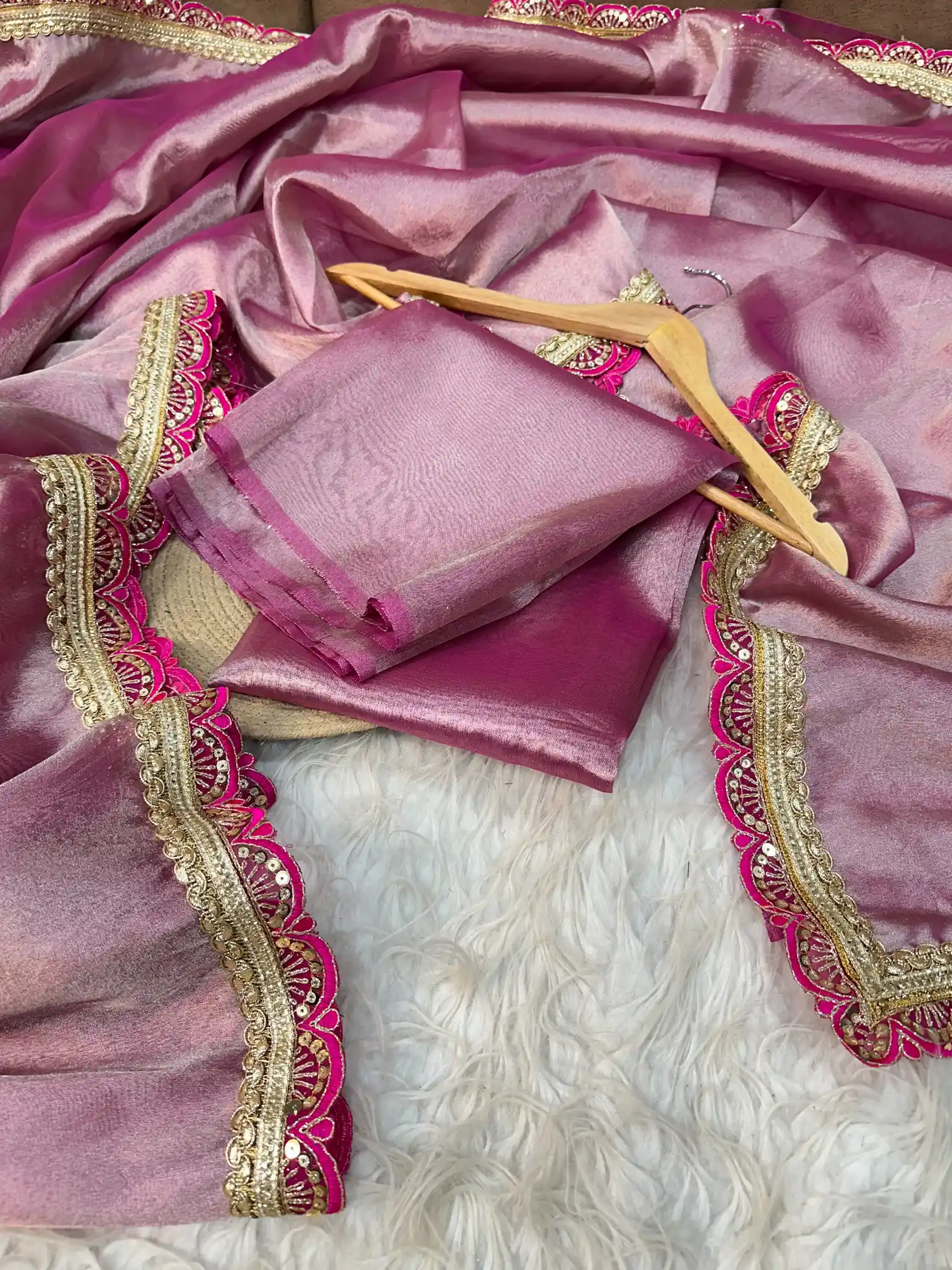 Pink Banarasi Tissue Silk Saree with Exclusive Lace Work