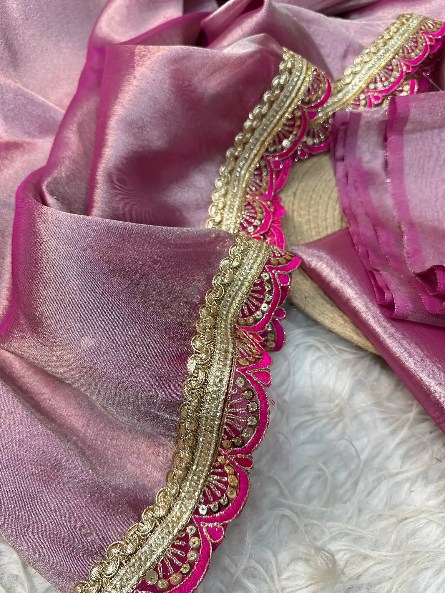 Pink Banarasi Tissue Silk Saree with Exclusive Lace Work - Image 3