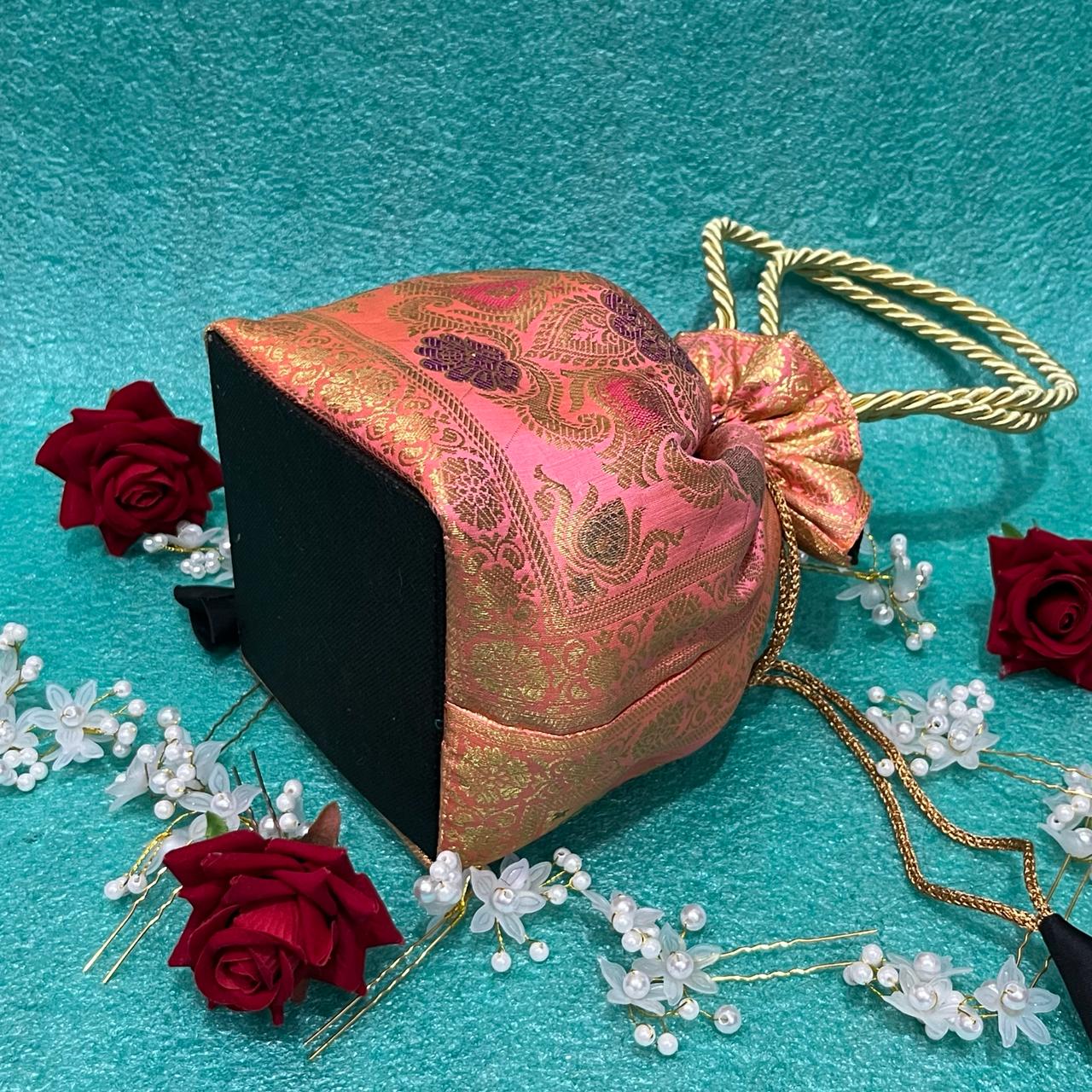 Baby Pink Elegance Banarasi Potli Bags - Image 3