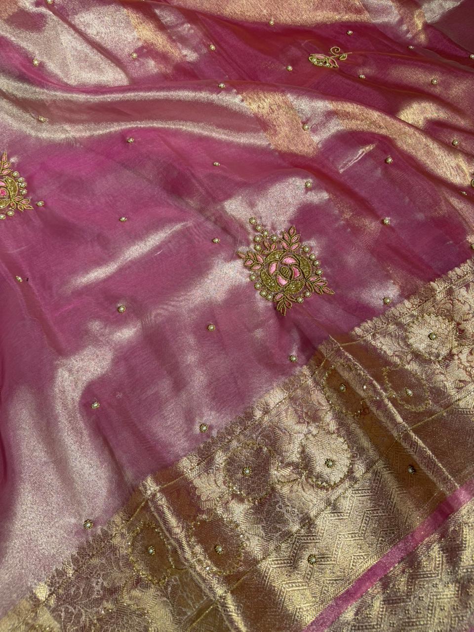 Preety Pink Tissue Silk Premium Handwork Banarasi Saree - Image 2