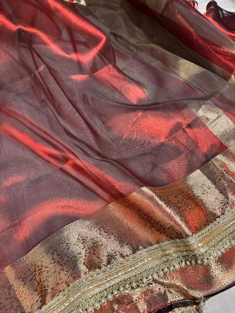 Carmine Red banarasi tissue silk saree with rich pallu and lacework - Image 2