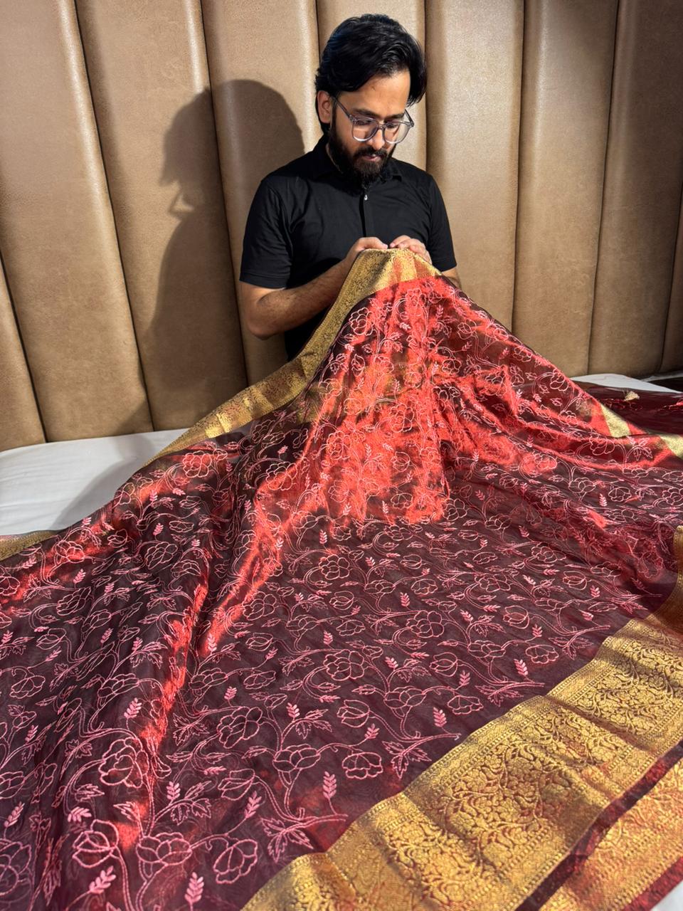 Maroon Tissue Silk Chikankari Embossed Banarasi Saree - Image 3