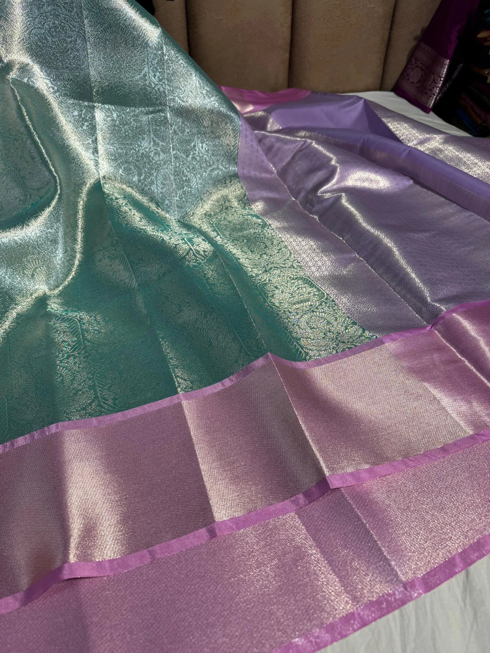 Premium Powder Blue Shade tissue silk saree with rich pallu and blouse - Image 2