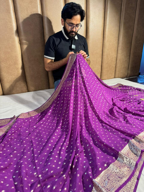 Purple Georgette Banarasi Silk Buti Weave Saree - Image 3
