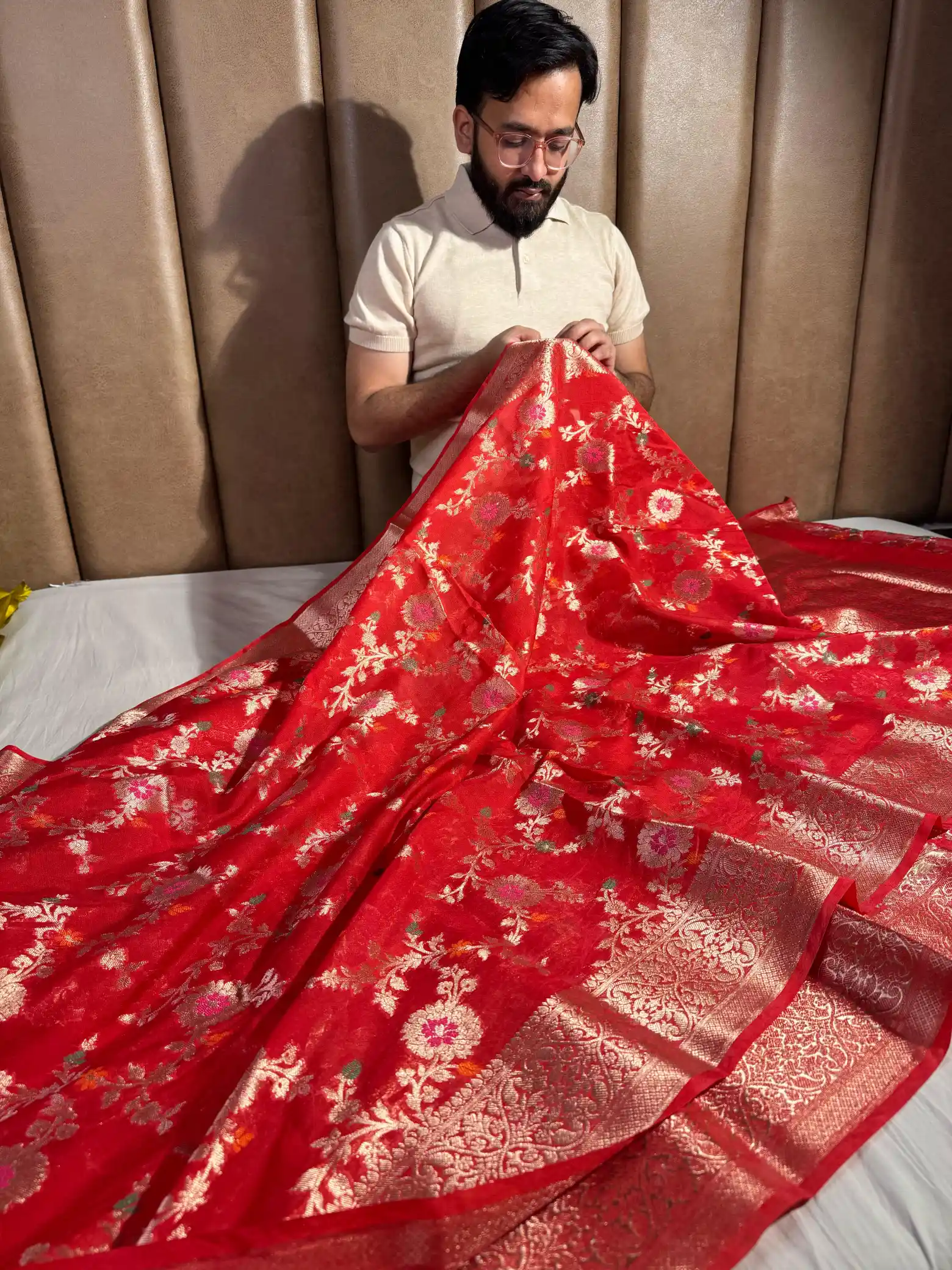 Red Banarasi Warm Silk Saree with Meenakari Jaal Work and Rich Pallu - Image 3