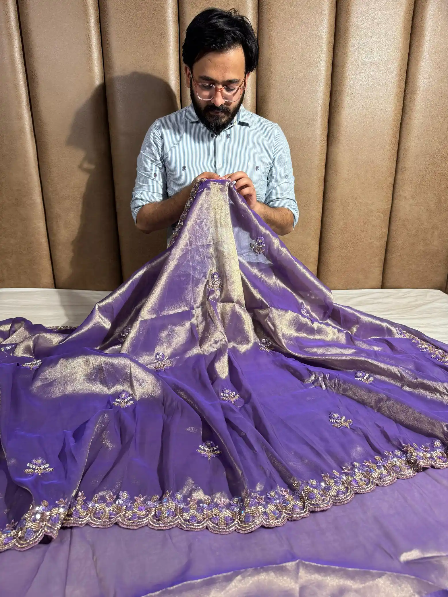 Purple Shimmery Tissue Silk Handwork Banarasi Saree