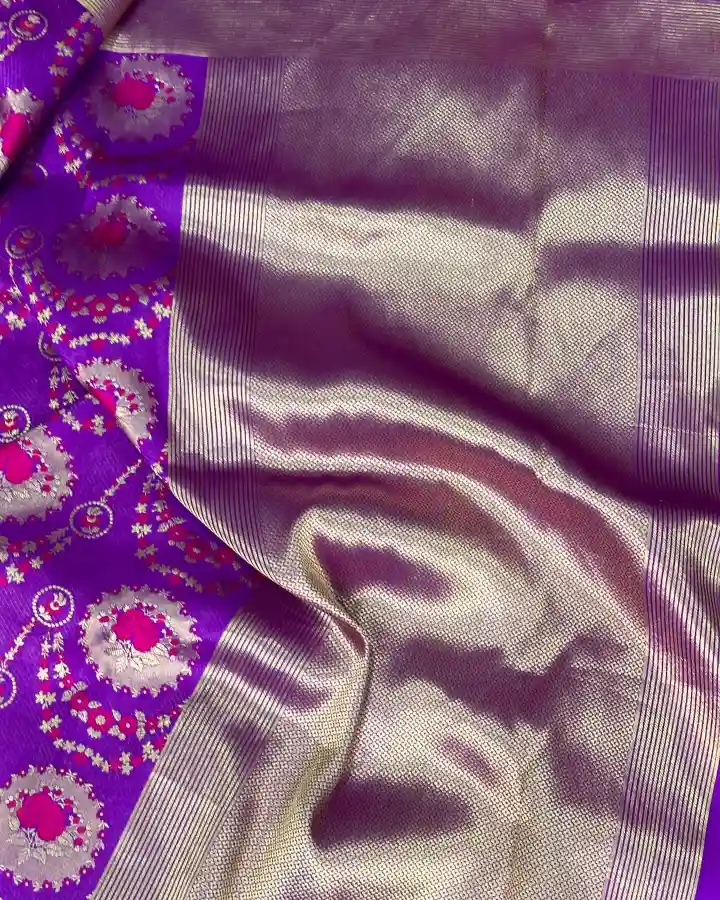 Purple Pure Katan Silk Rose Buta Banarasi Saree - Image 3