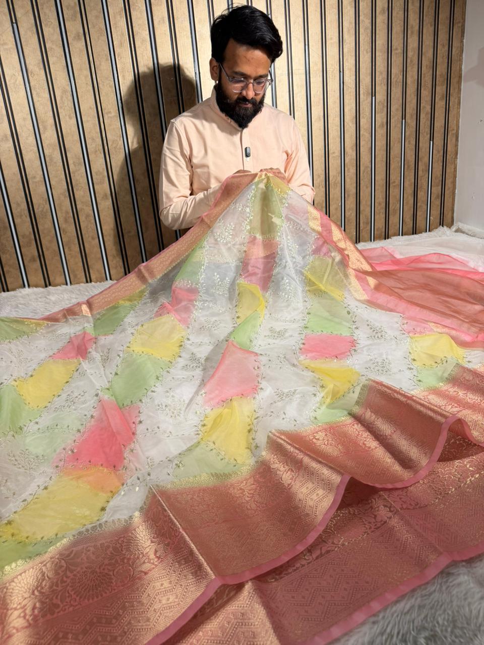 Rangkat Dyed Oragnza Chikankari Embroidered Banarasi Saree - Image 4