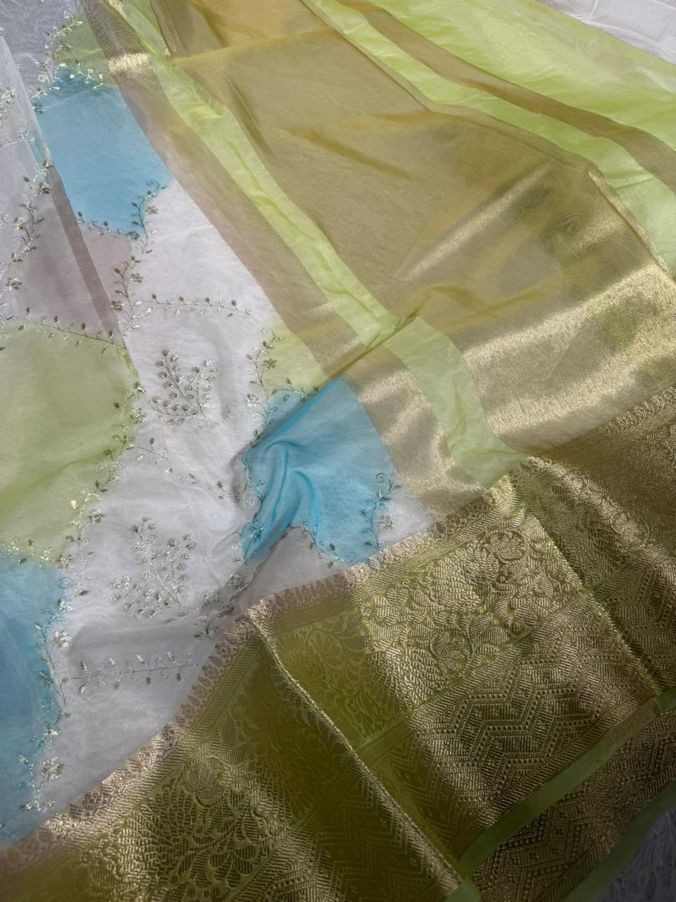 Rangkat Dyed Oragnza Chikankari Embroidered Banarasi Saree - Image 2