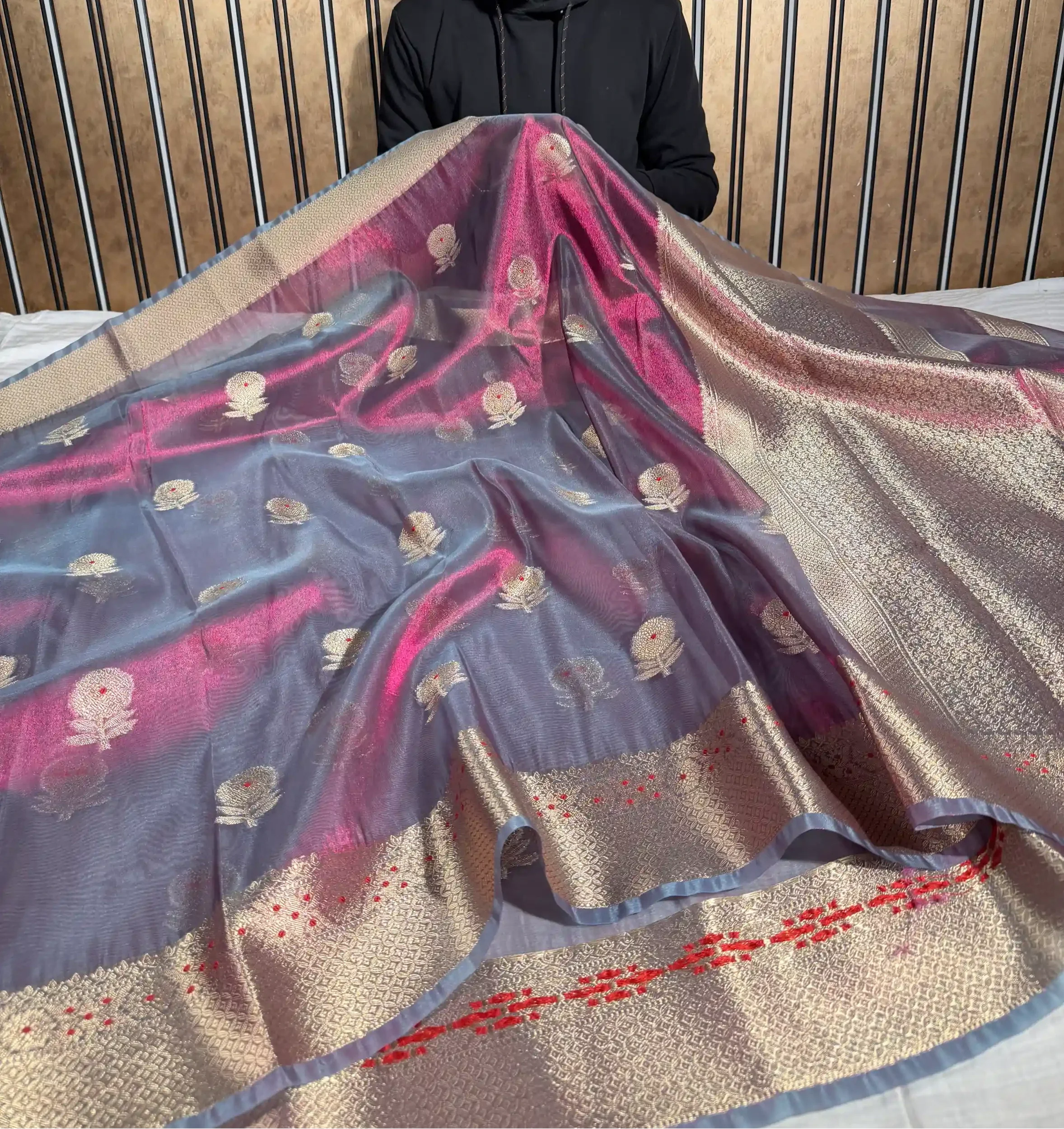 Rani Grey Dhoop Chaon Tissue Silk Heritage Meenakari Buta Banarasi Saree