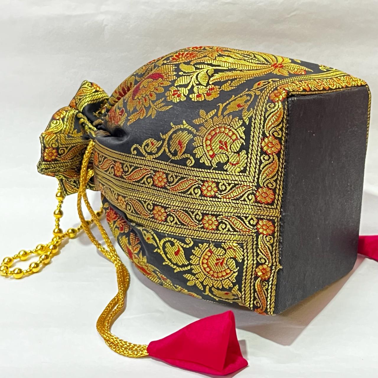 Dark Gray Elegance Banarasi Potli Bags - Image 3