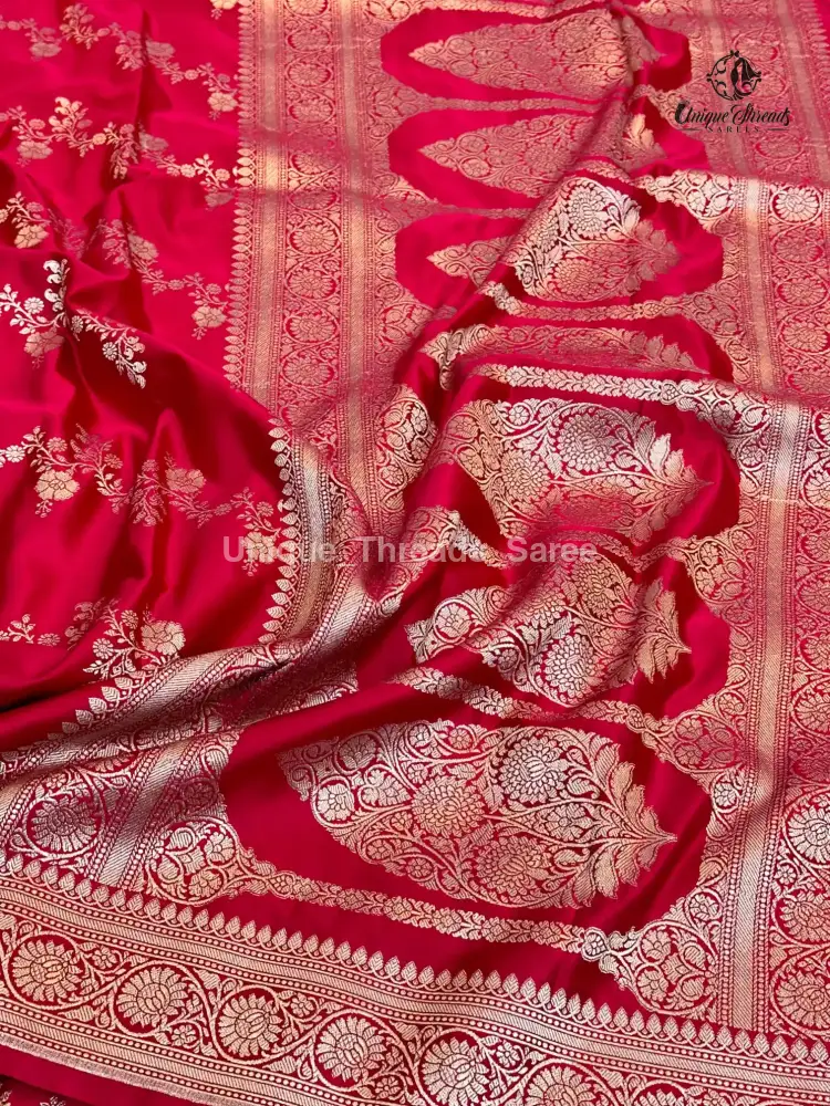 Rani Pink Mashru Katan Silk Leheriya Weave Banarasi Saree - Image 4