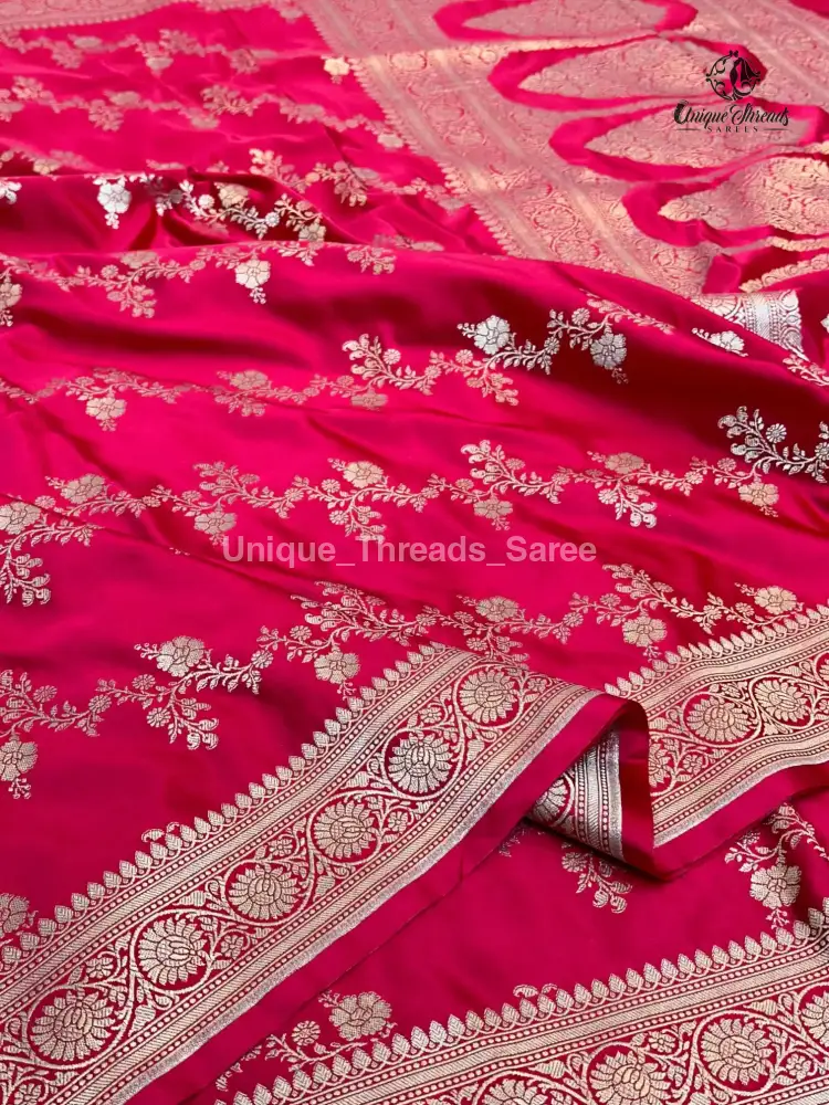 Rani Pink Mashru Katan Silk Leheriya Weave Banarasi Saree - Image 7