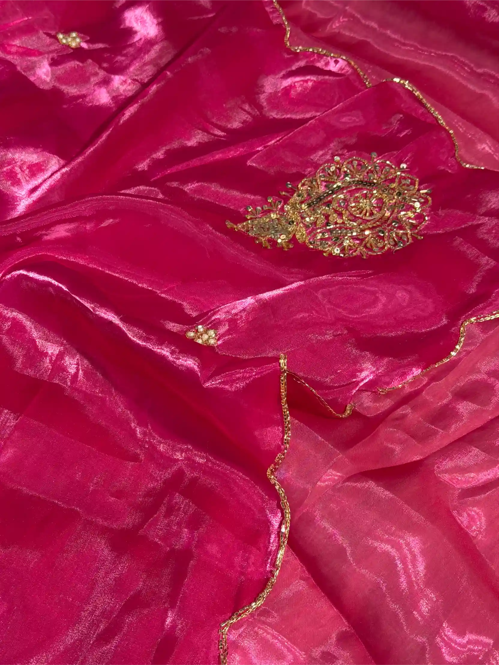 Rani Pink Shimmery Tissue Silk Handwork Saree - Image 2