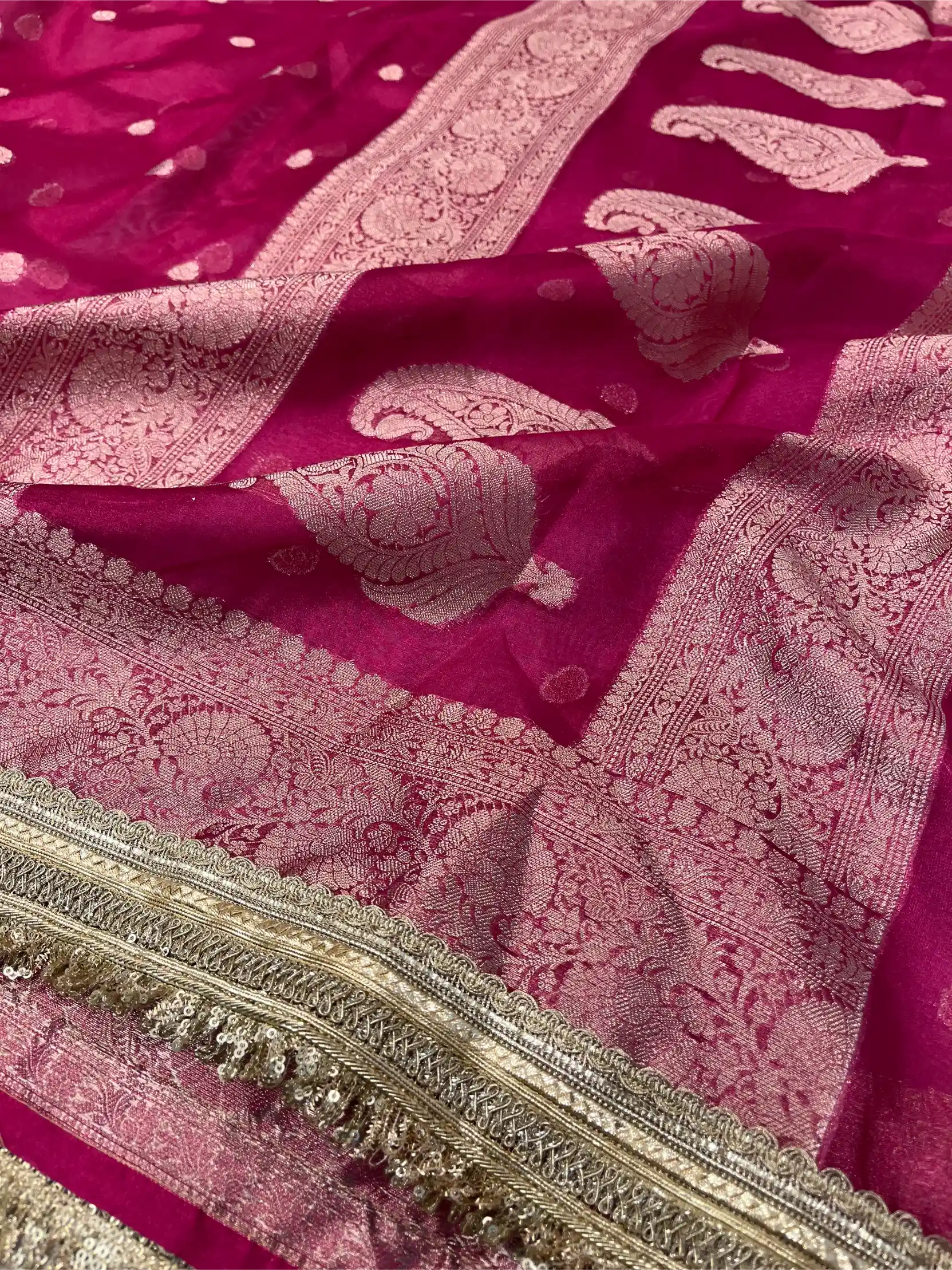 Rani Pink Tissue Silk Designer Lace Attached Banarasi Saree - Image 4