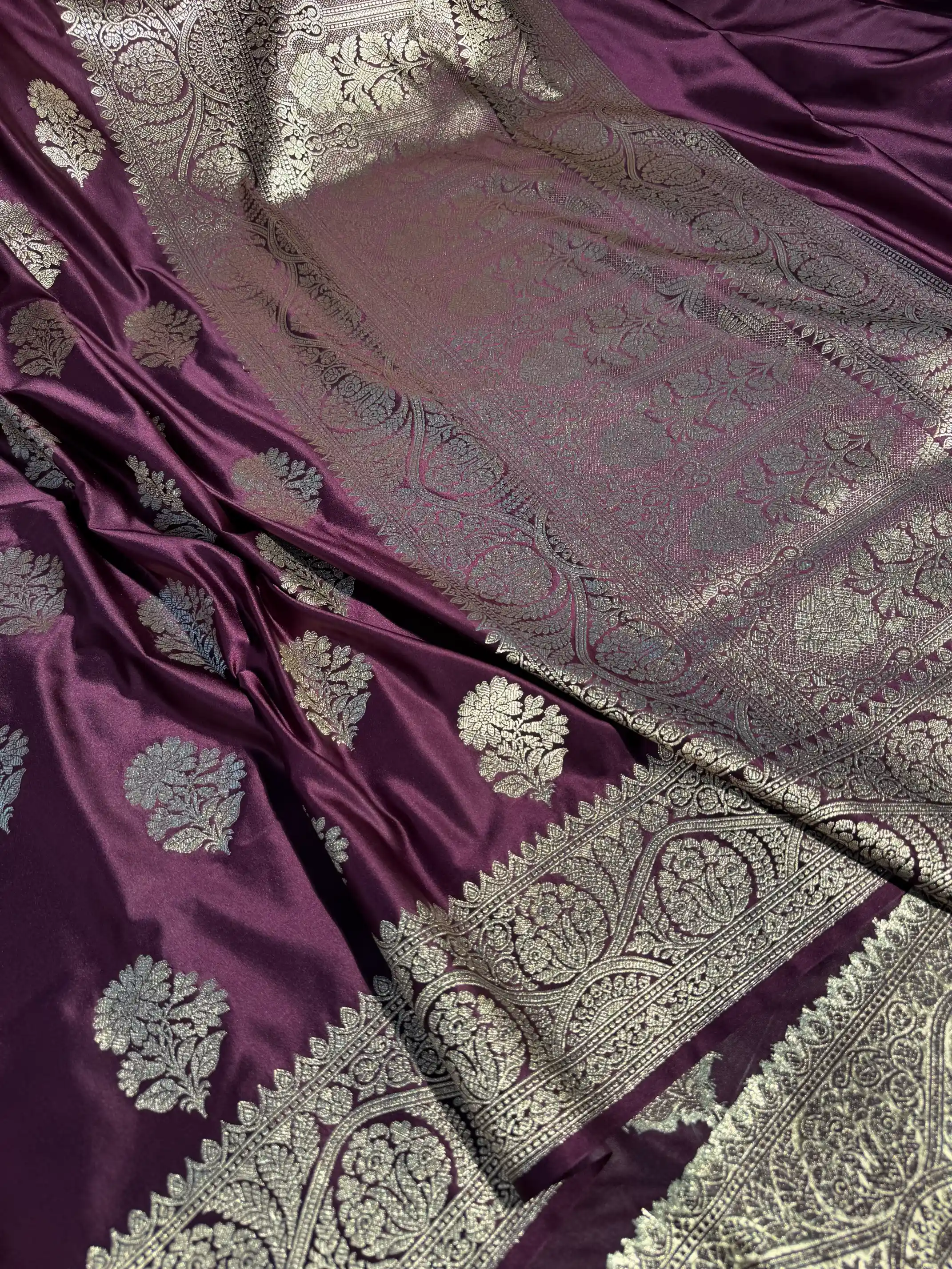 Rare Wine Mashru Katan Silk Heritage Banarasi Buta Weave Banarasi Saree - Image 2
