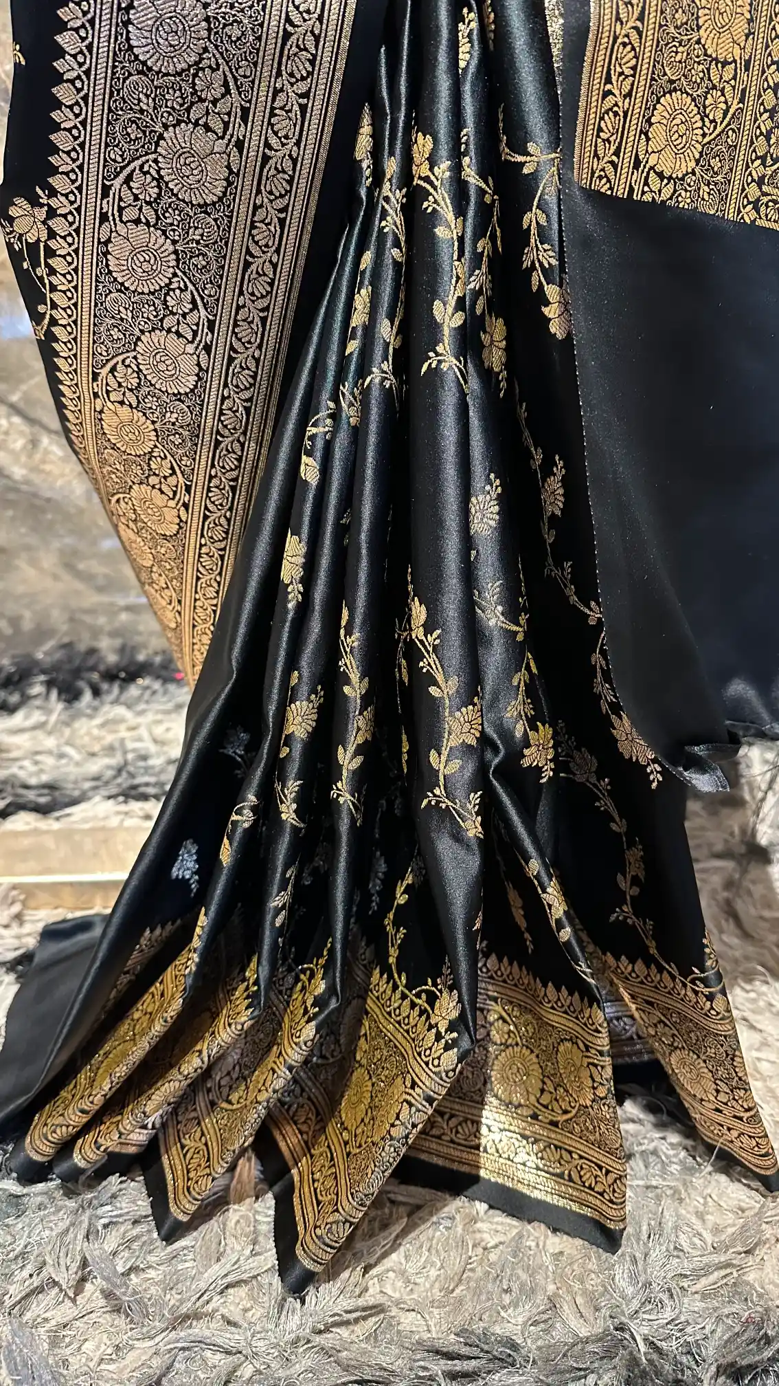 Ready To Wear Black Satin Silk Traditional Banarasi Saree - Image 3