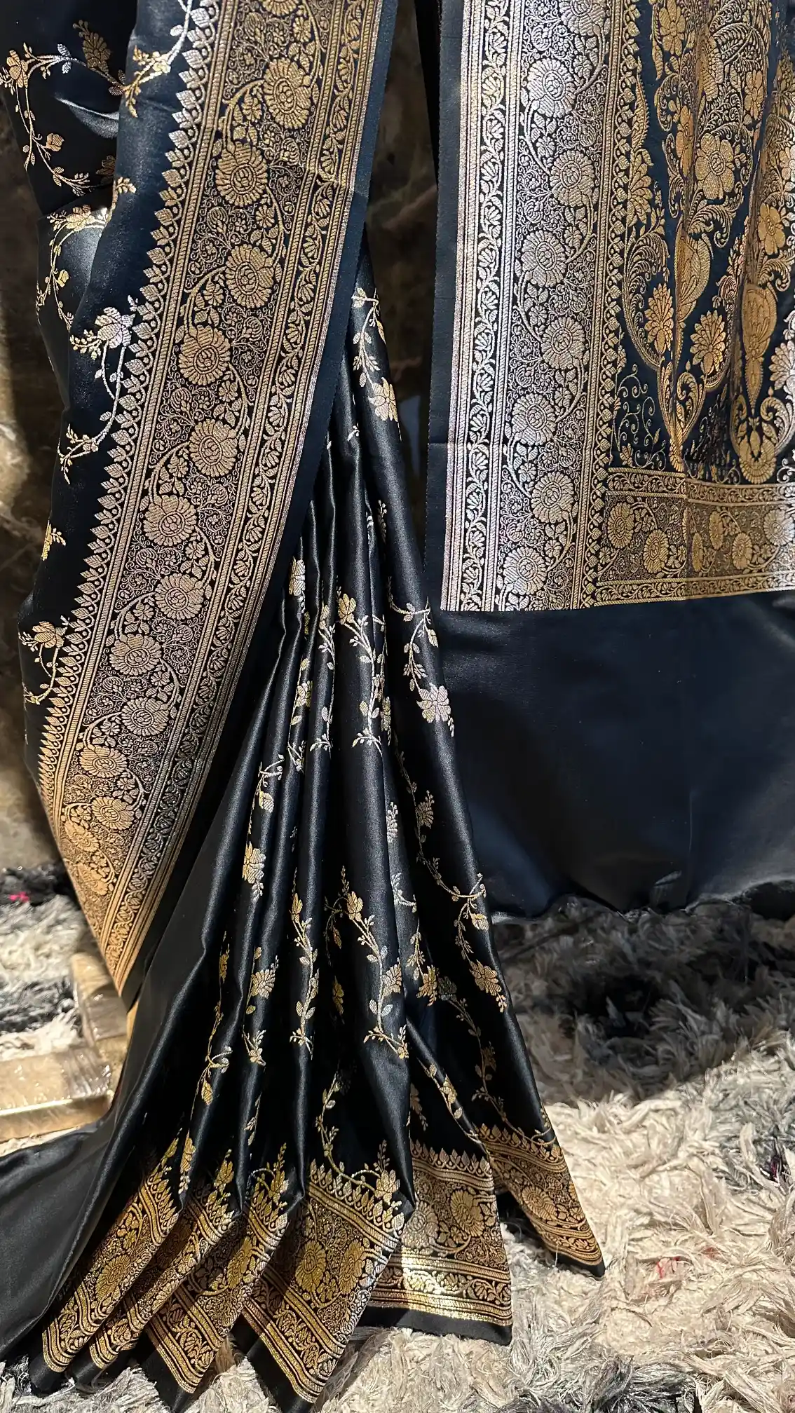 Ready To Wear Black Satin Silk Traditional Banarasi Saree - Image 4