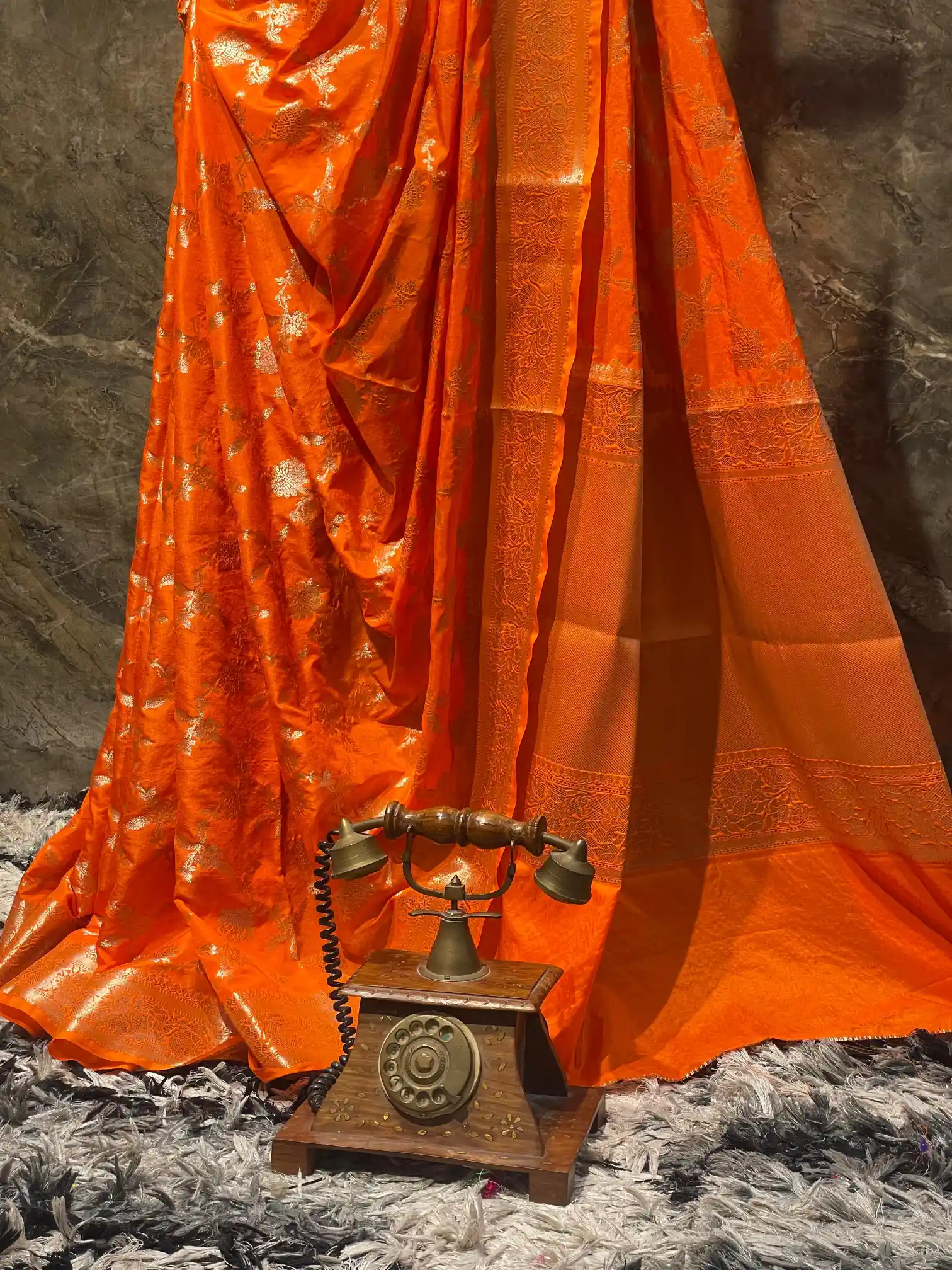 Ready To Wear Bright Orange Chinia Silk Exclusive Banarasi Saree - Image 3