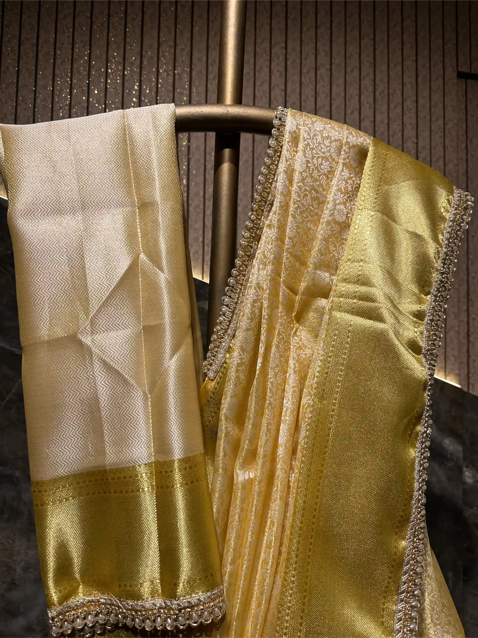 Ready To Wear Embossed Kanjivaram Gold Tissue Silk Designer Lace Work Banarasi Saree - Image 2