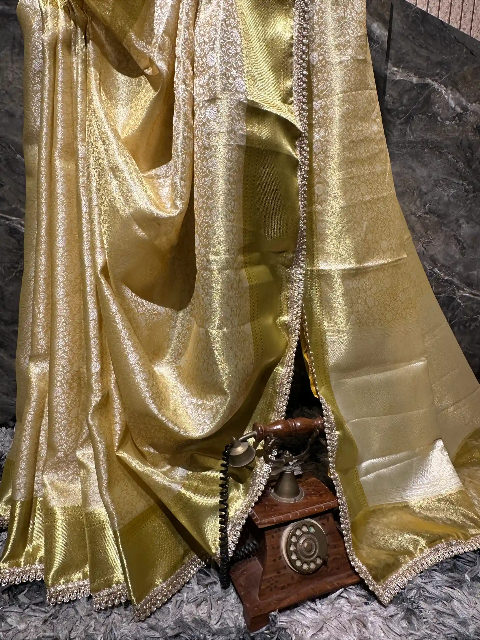 Ready To Wear Embossed Kanjivaram Gold Tissue Silk Designer Lace Work Banarasi Saree - Image 3