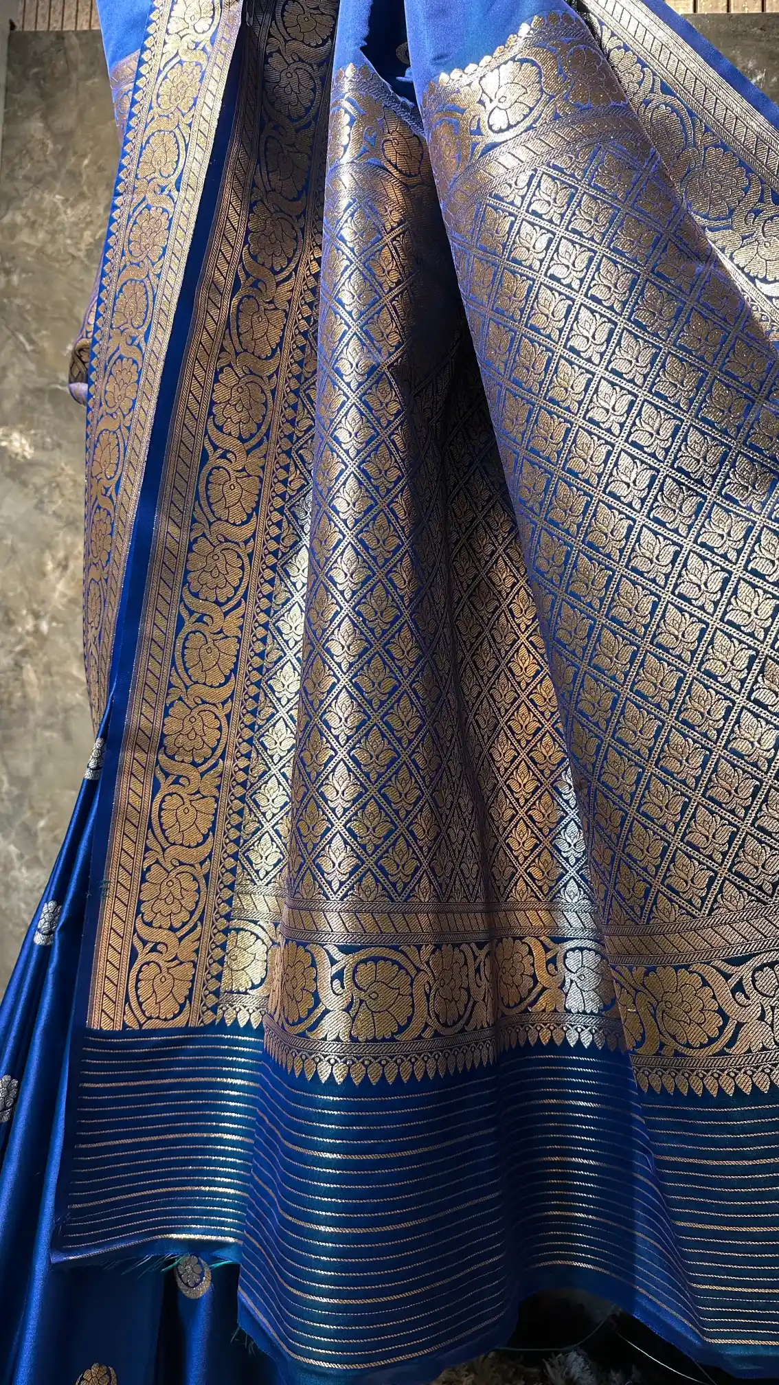 Ready To Wear Emerald Blue Satin Silk Banarasi Saree - Image 4