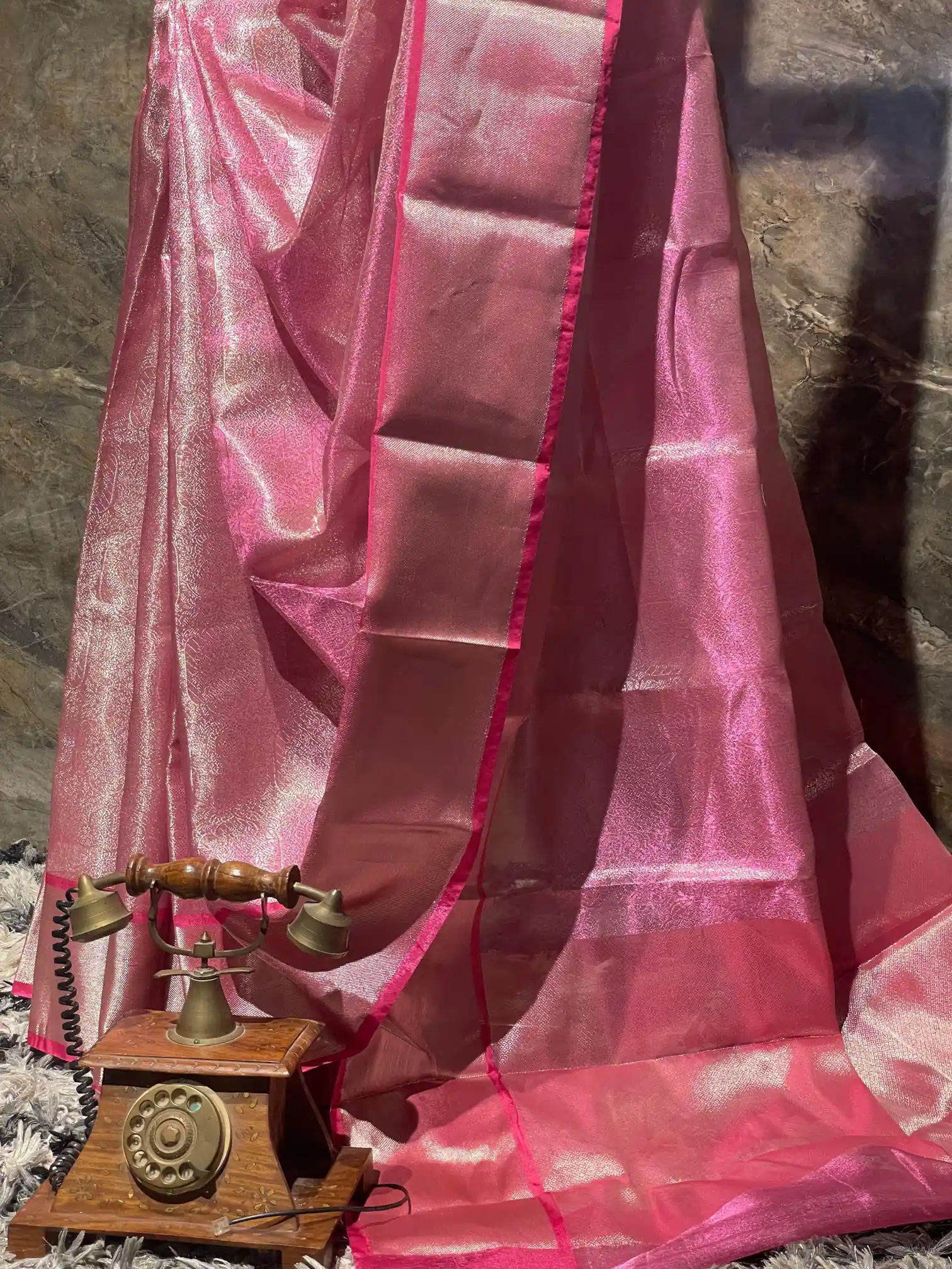 Ready To Wear Metallic Pink Kanjivaram embossed Tissue Silk Saree - Image 3