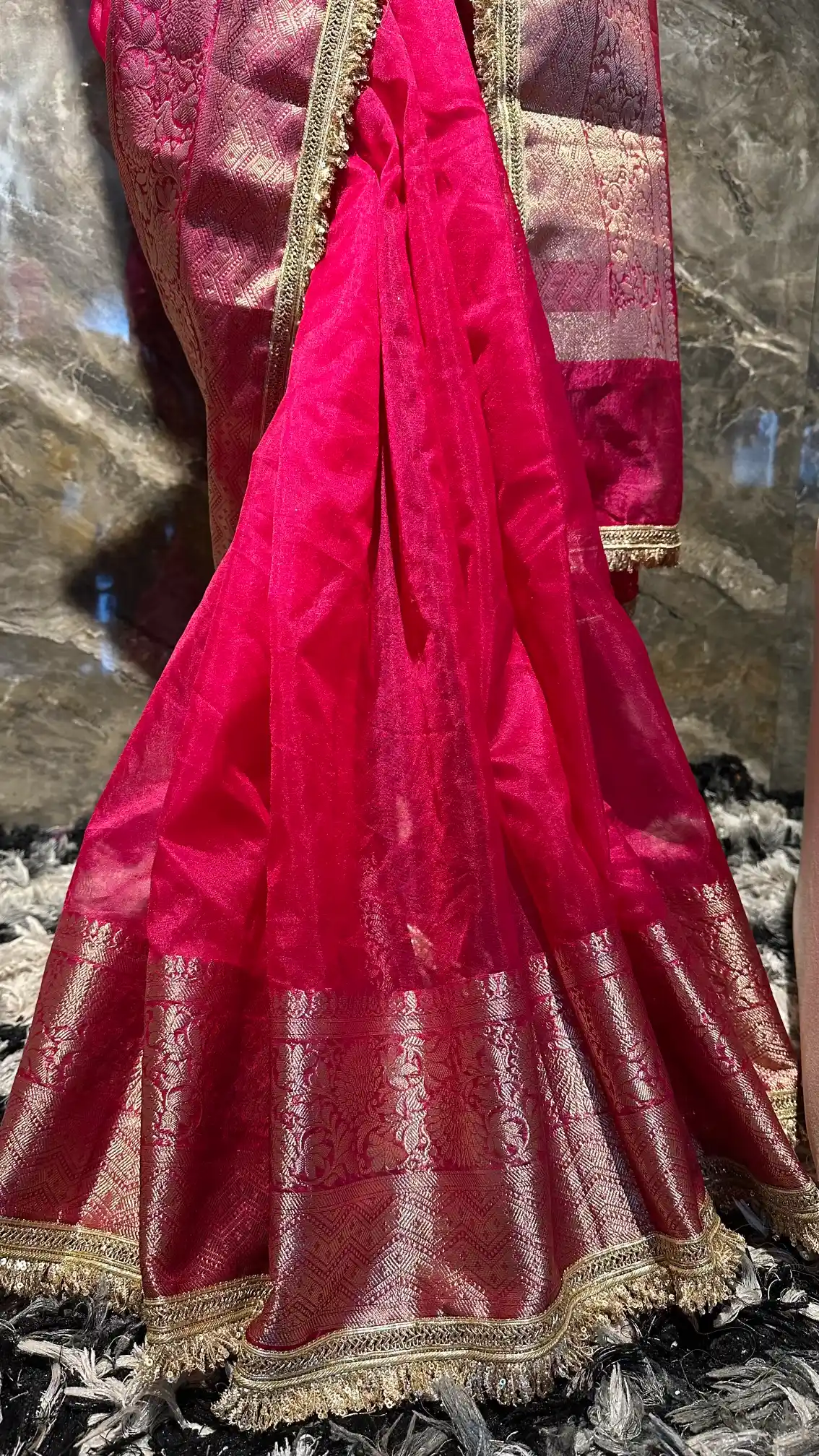 Ready To Wear Rani Pink Kora Organza Designer Banarasi Saree - Image 3