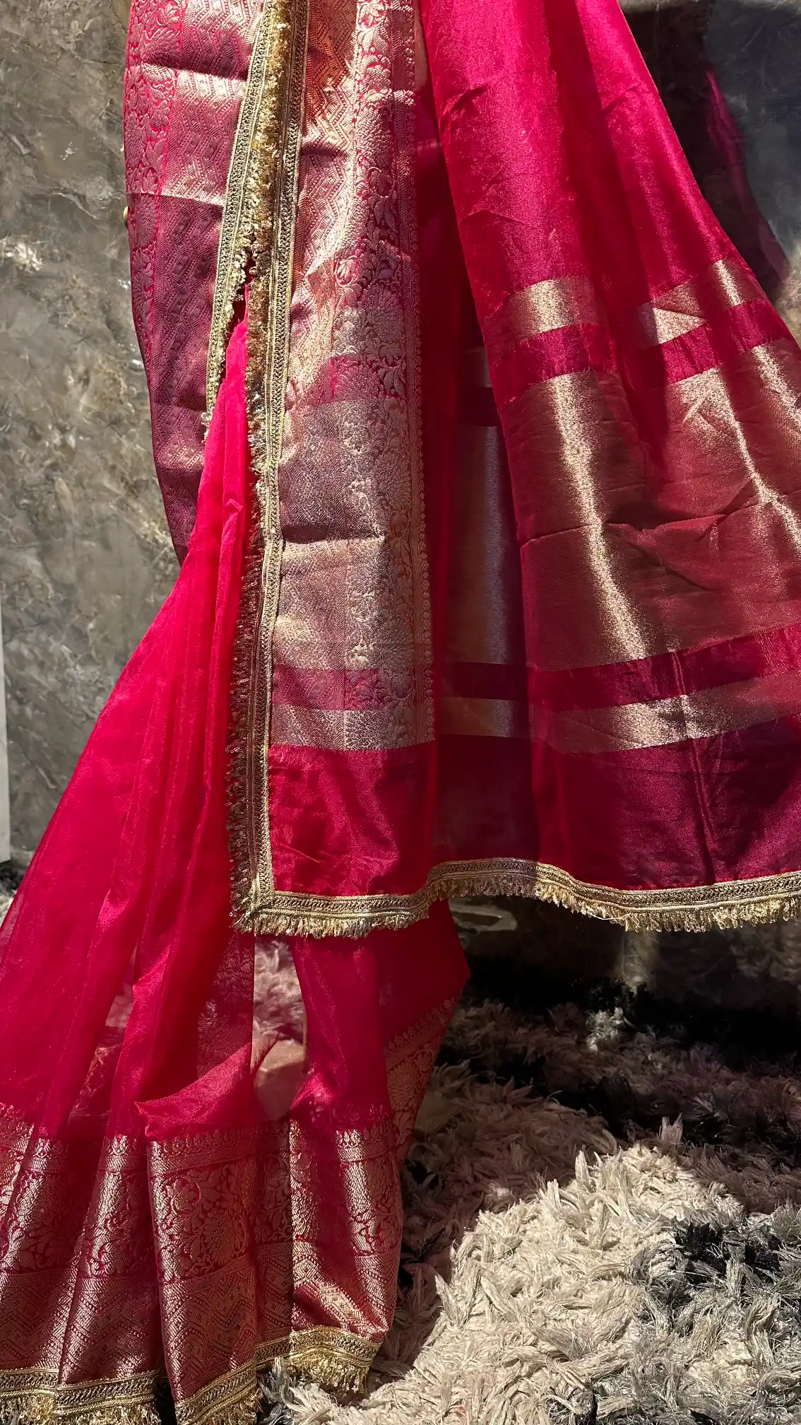 Ready To Wear Rani Pink Kora Organza Designer Banarasi Saree - Image 4