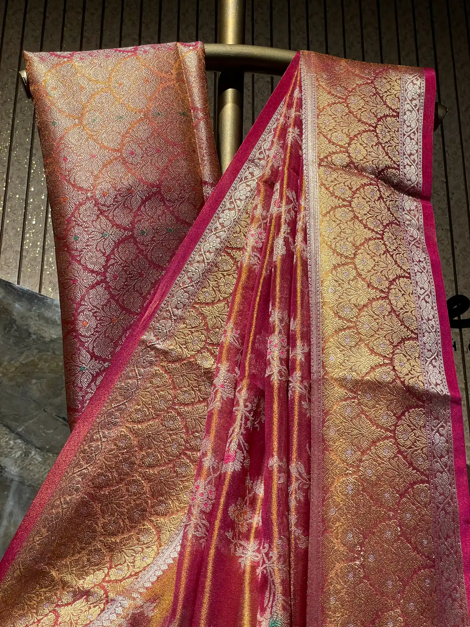 Ready To Wear Rare Rusted Meenakari Tissue Silk Saree - Image 2