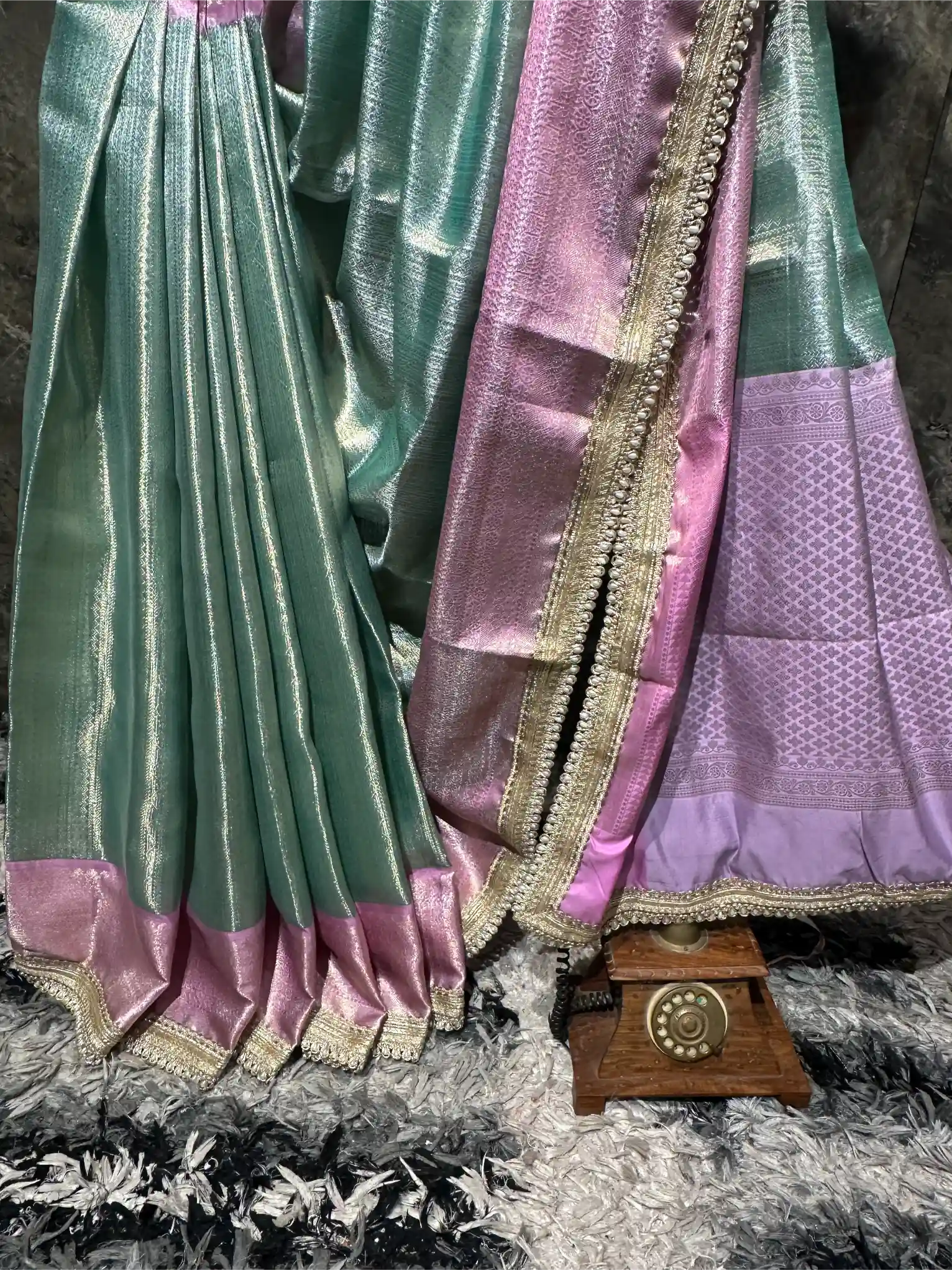 Ready To Wear Sea Green Kanjivaram Brocade Tissue Designer Lace Work Saree - Image 3