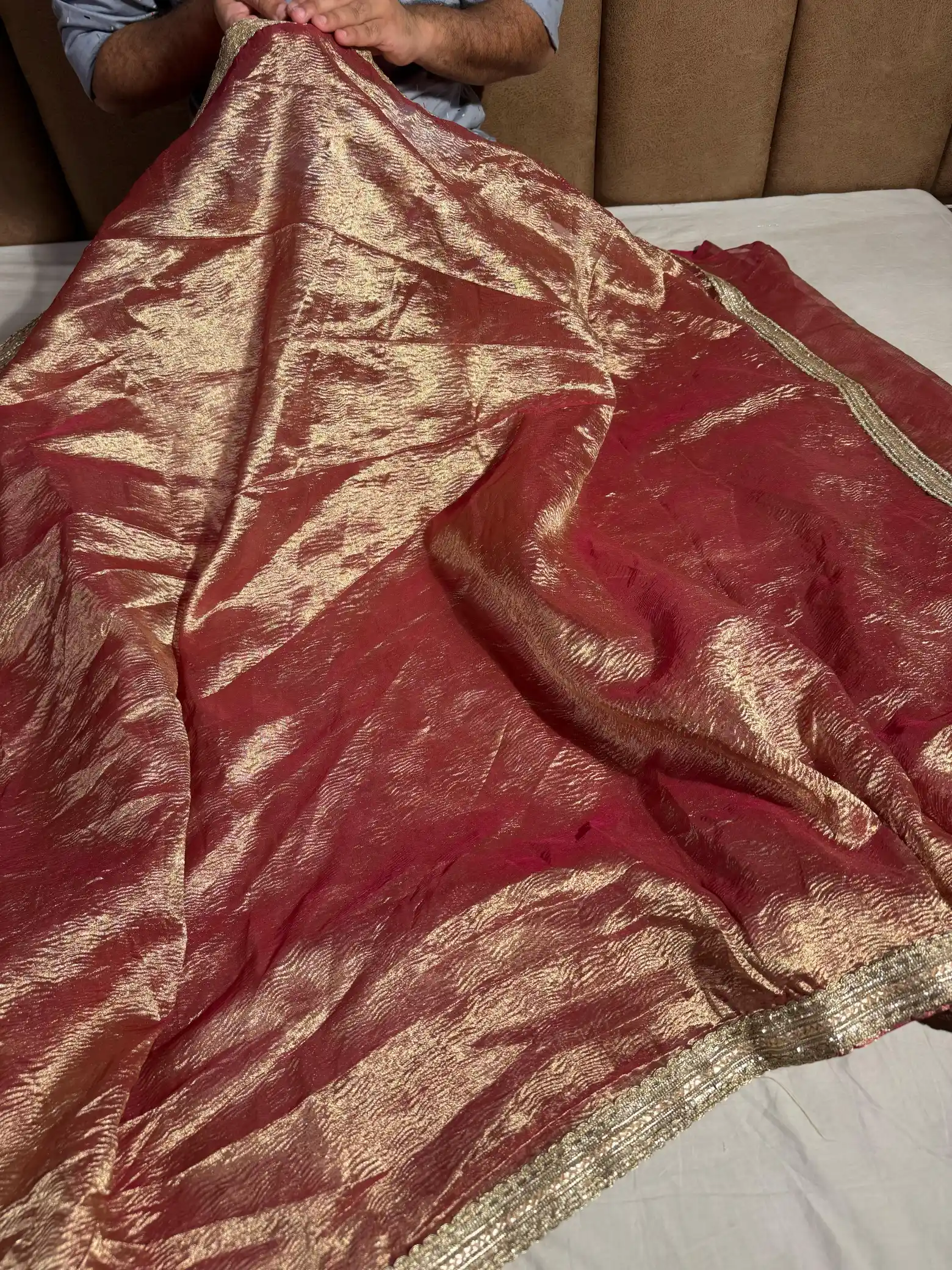 Reba John Inpired Tissue Crush saree with lace work - Image 3