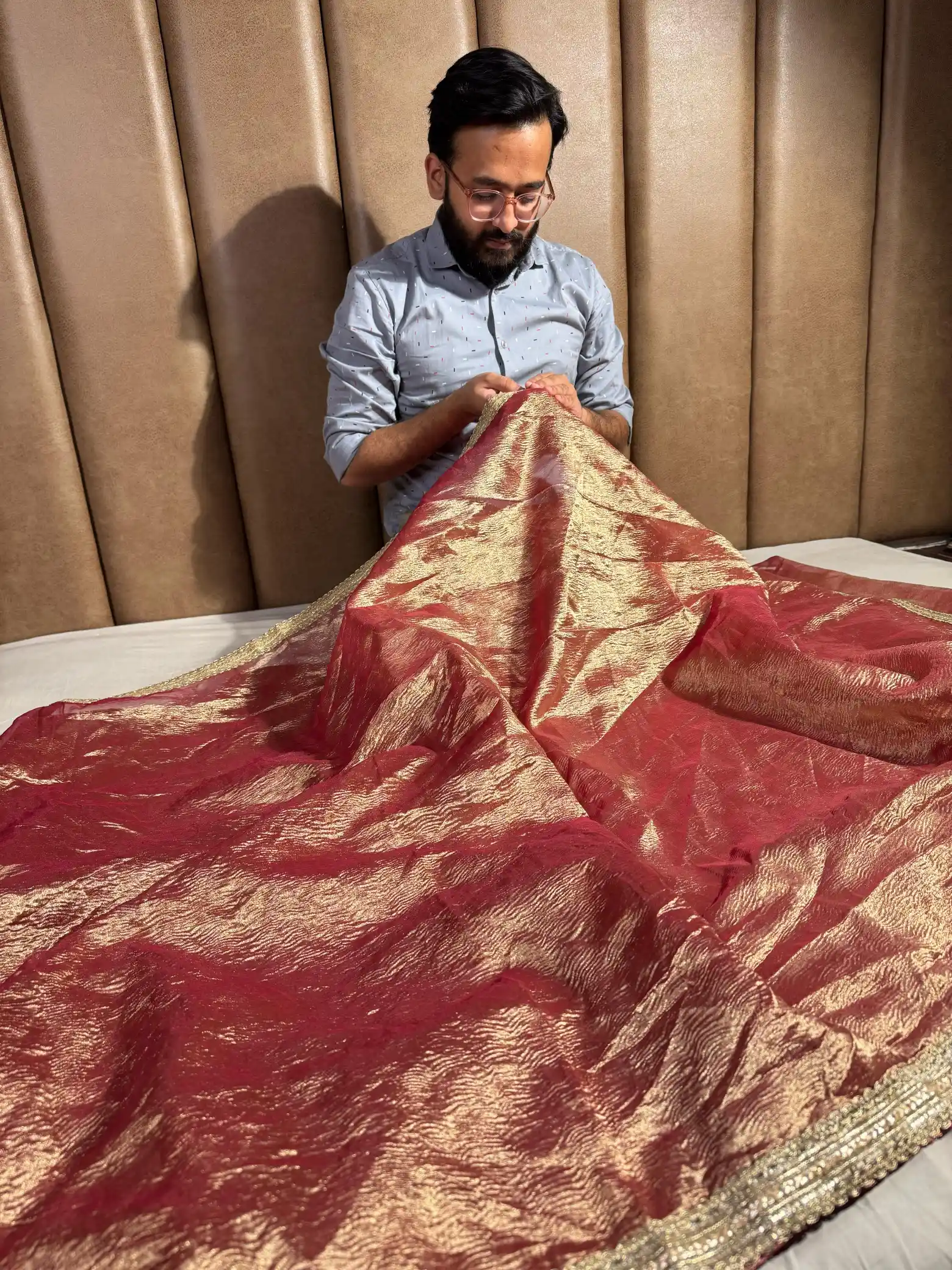 Reba John Inpired Tissue Crush saree with lace work - Image 4