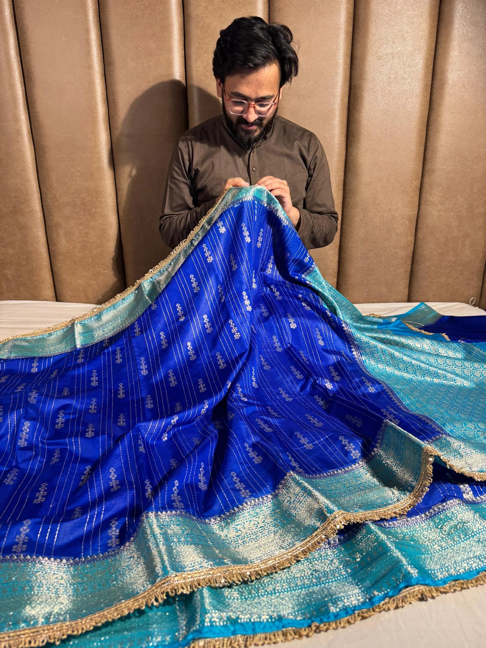 Royal blue banarasi Chiniya silk saree with rich lacework and pallu