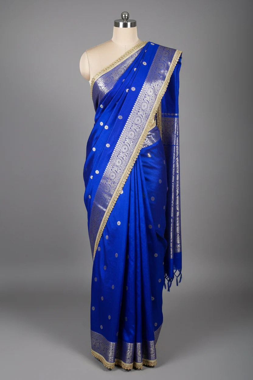 Royal Blue Chinia Silk Premium Lace Attached Banarasi Saree - Image 2