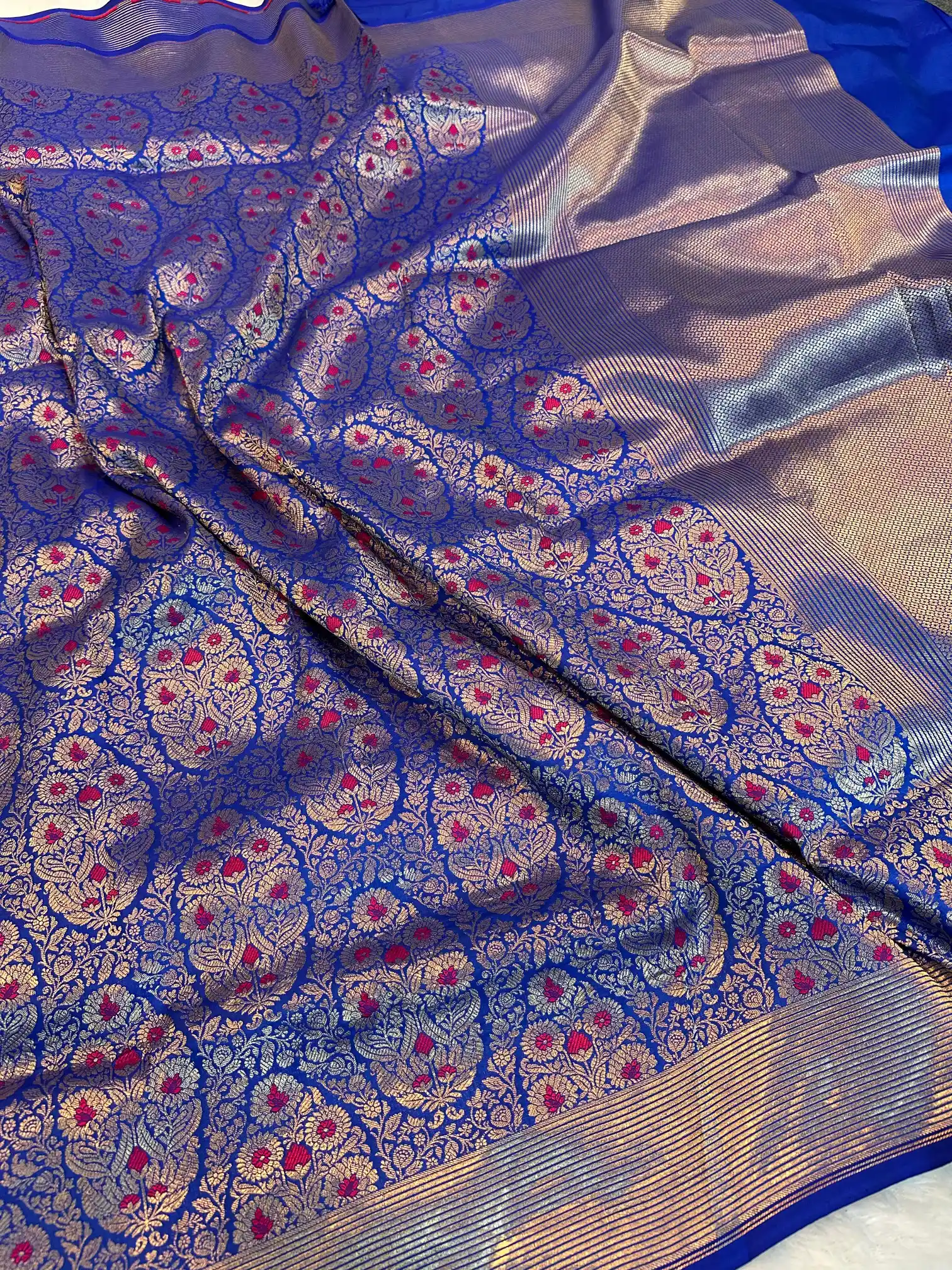 Royal Blue Pure Katan Silk Alfi Meenakari Weave Banarasi Saree - Image 3