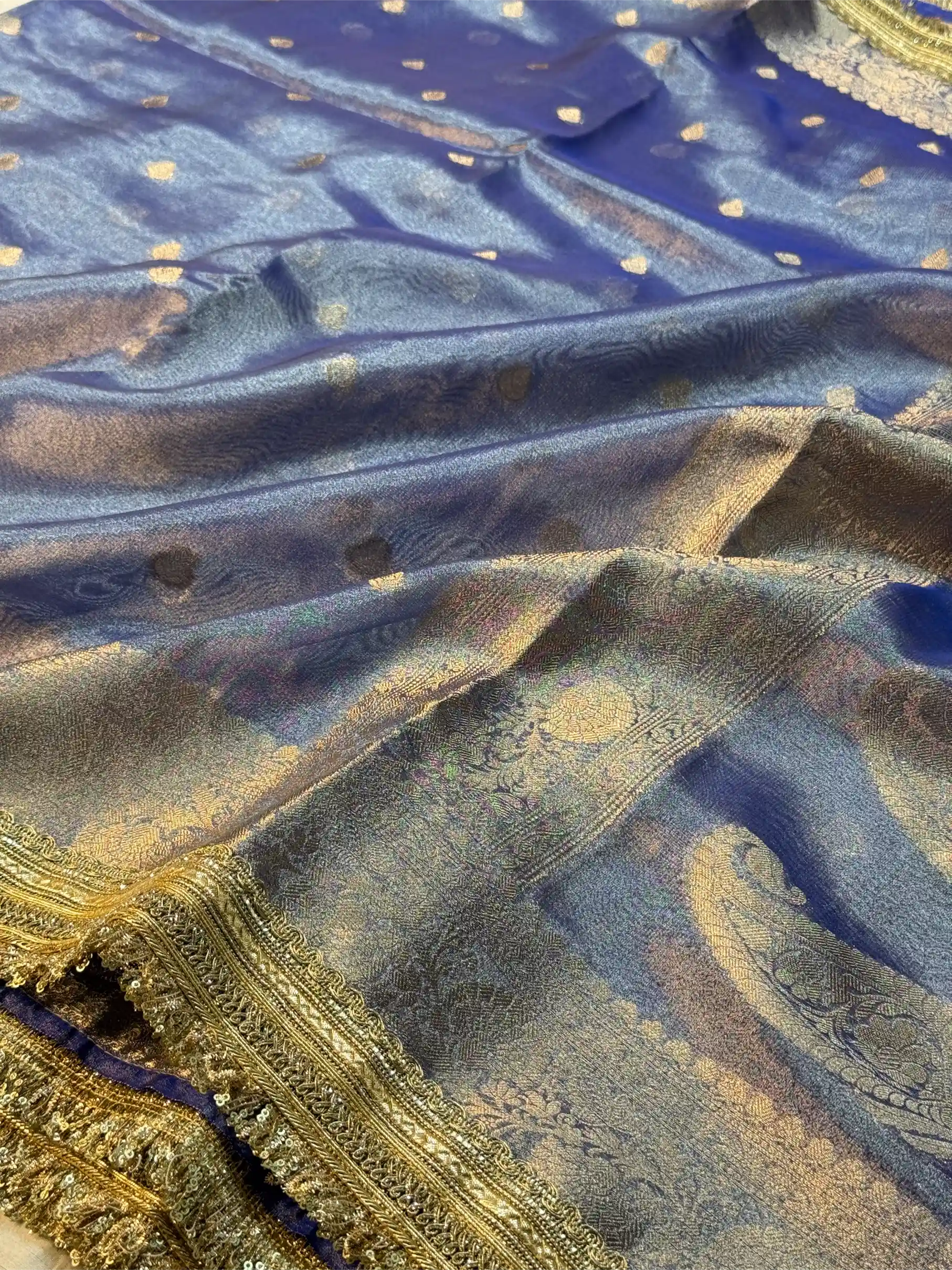 Royal Blue Tissue Silk Lace Attached Banarasi Saree - Image 2