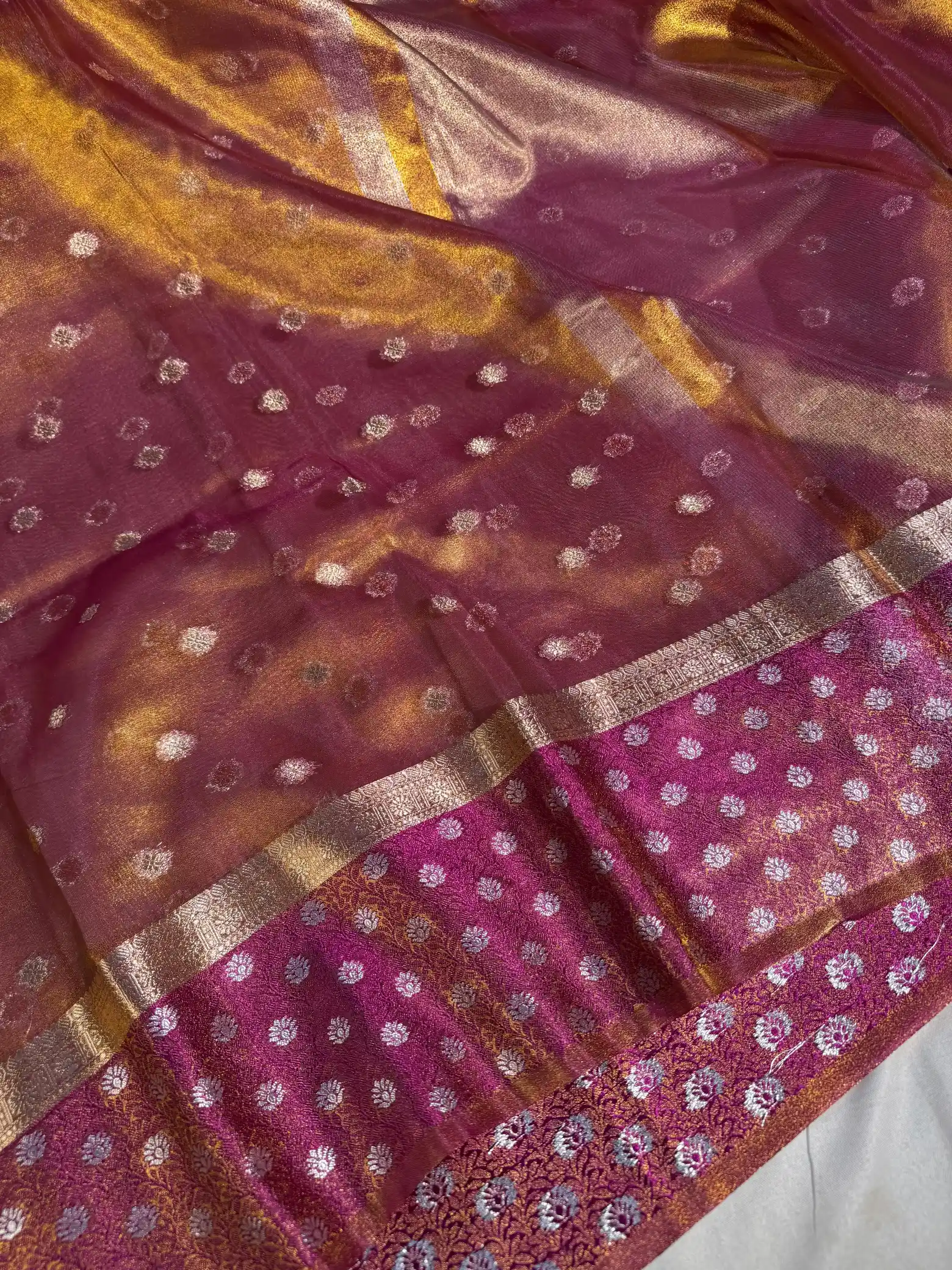 Rusted Purple Copper Paper Tissue Silk Saree with Rich Zari Pallu and Blouse - Image 2