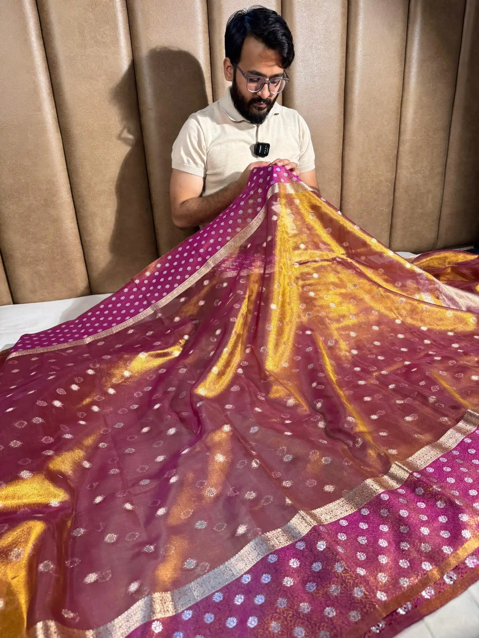 Rusted Purple Copper Paper Tissue Silk Saree with Rich Zari Pallu and Blouse - Image 3