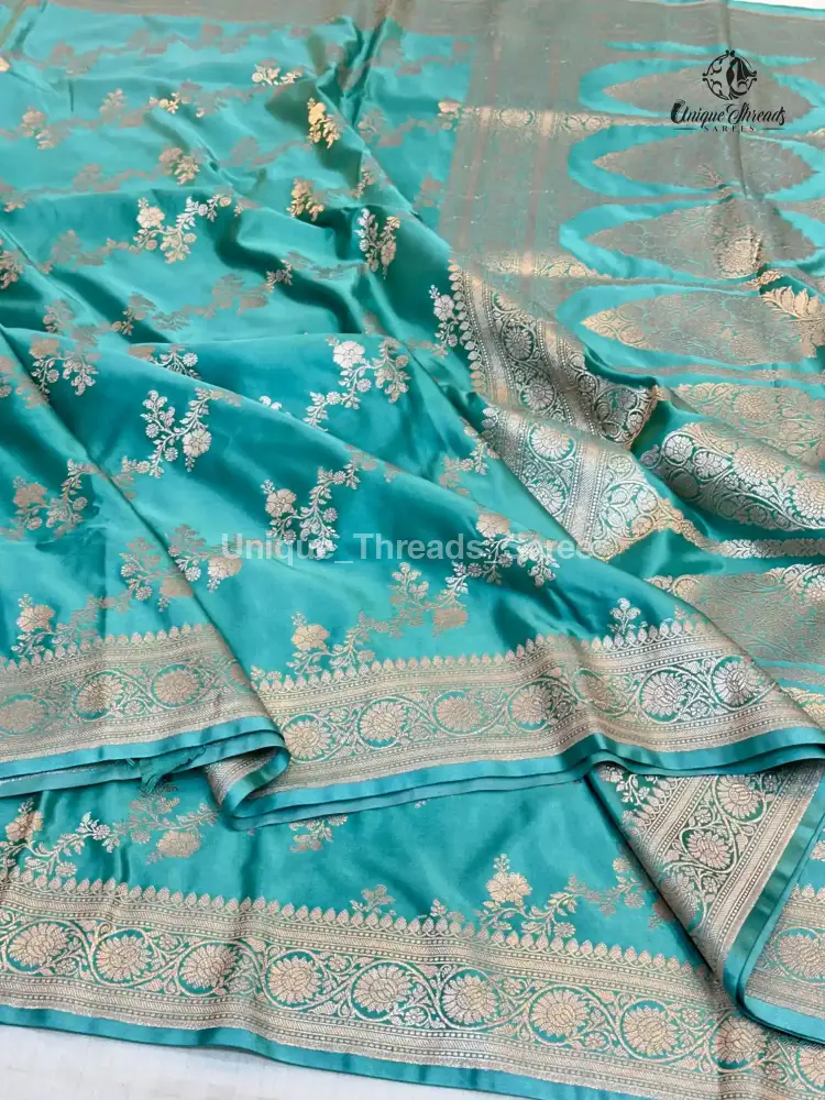 Sea Green Mashru Katan Silk Leheriya Weave Banarasi Saree - Image 4
