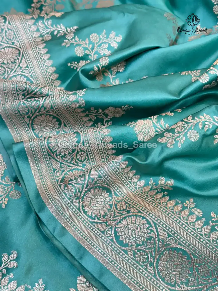 Sea Green Mashru Katan Silk Leheriya Weave Banarasi Saree - Image 5