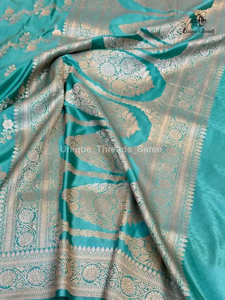 Sea Green Mashru Katan Silk Leheriya Weave Banarasi Saree - Image 6