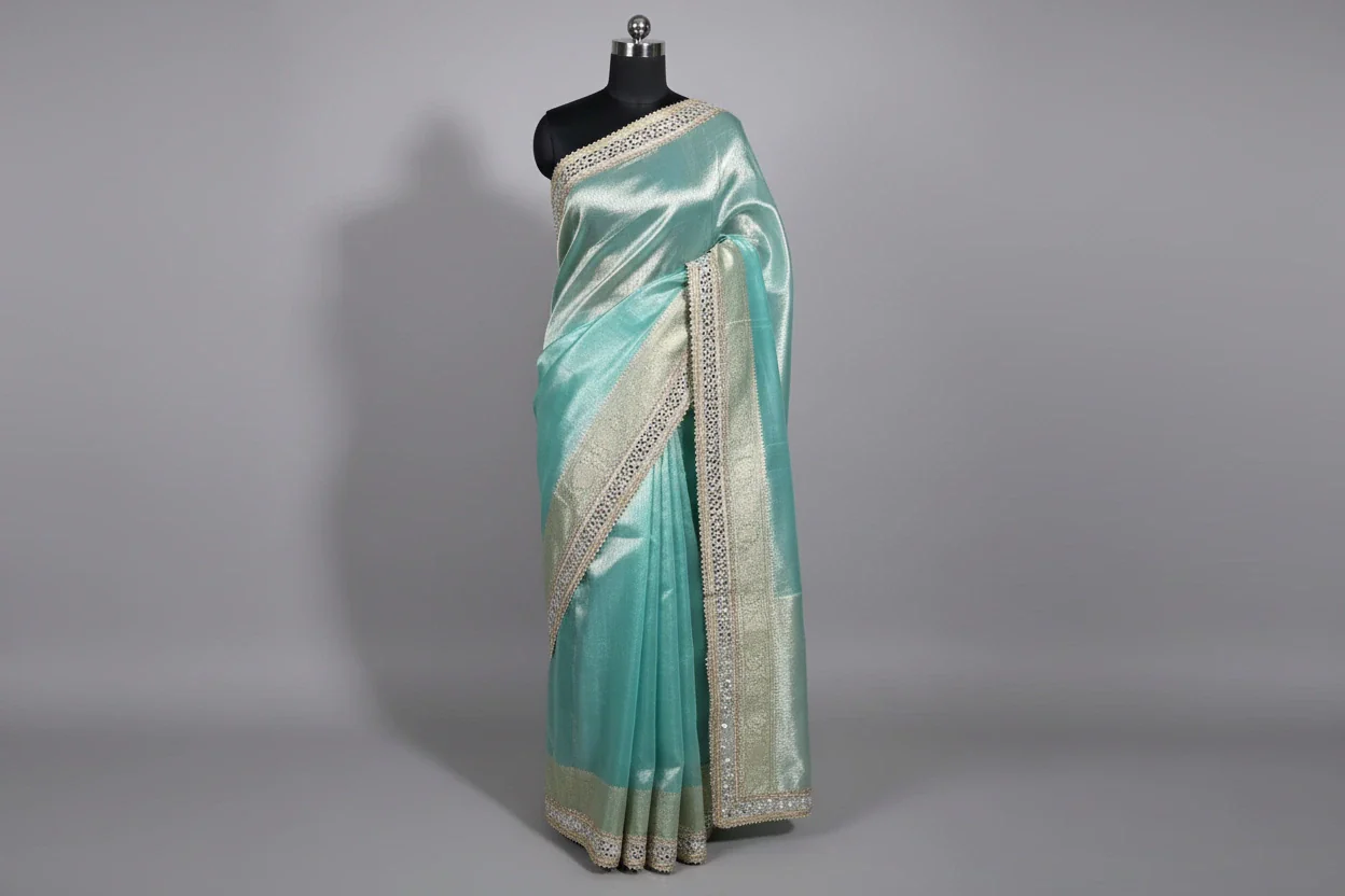 Sea Green Tissue Silk Majestic Mirror Work Gota Attached Banarasi Saree