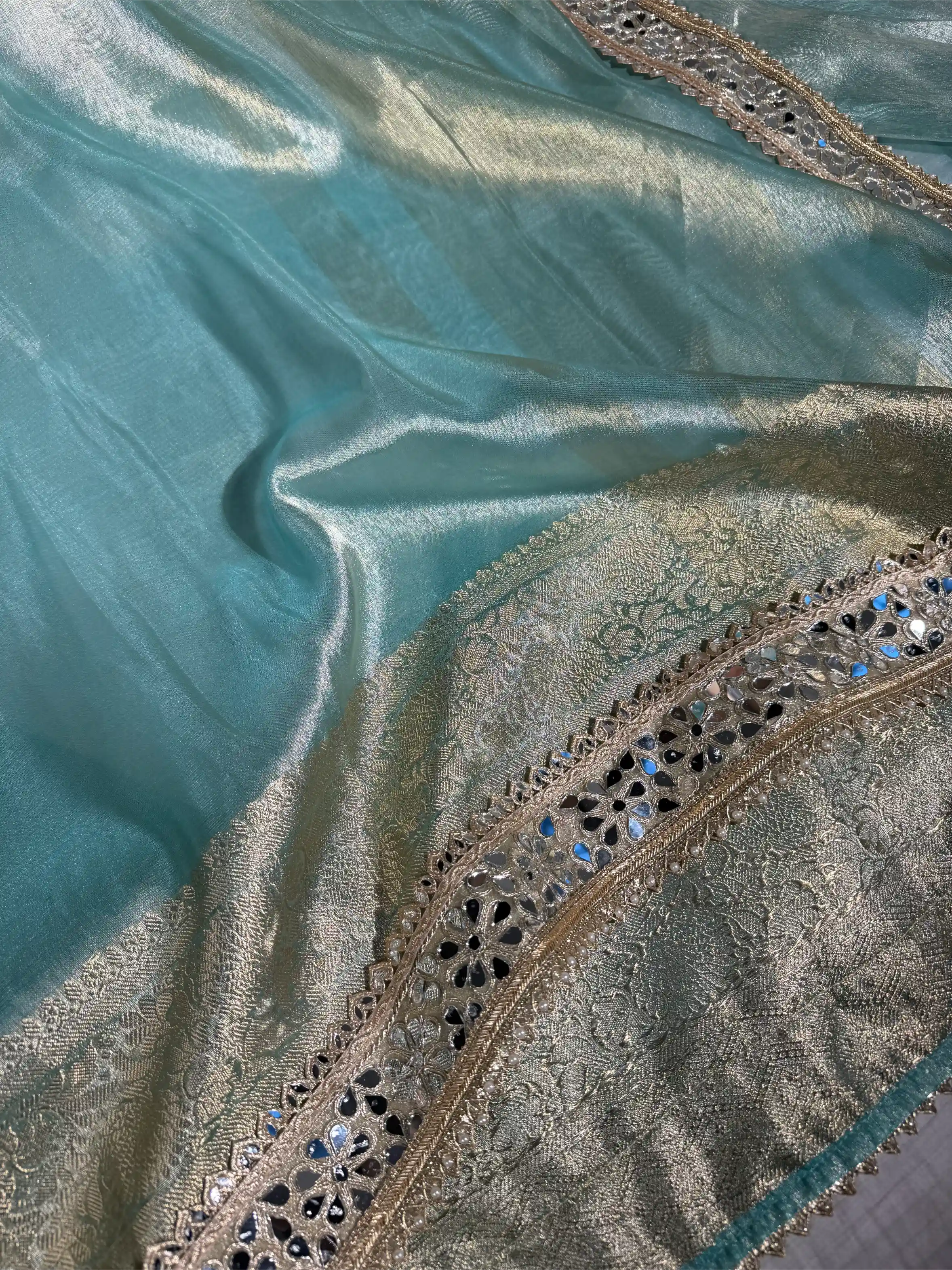 Sea Green Tissue Silk Majestic Mirror Work Gota Attached Banarasi Saree - Image 2