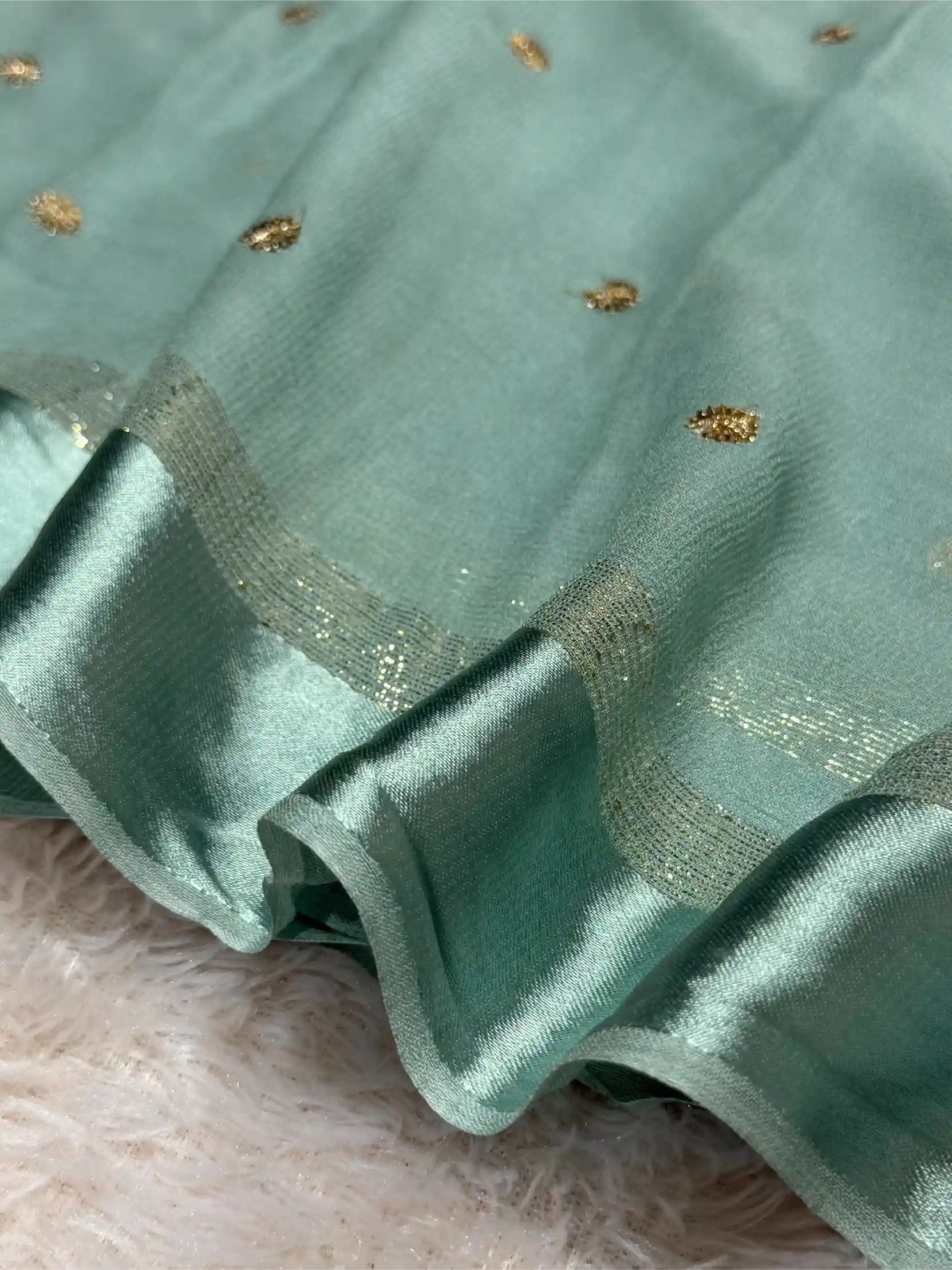 Sea Green Viscose Georgette Silk Embroidered Work Banarasi Saree - Image 3