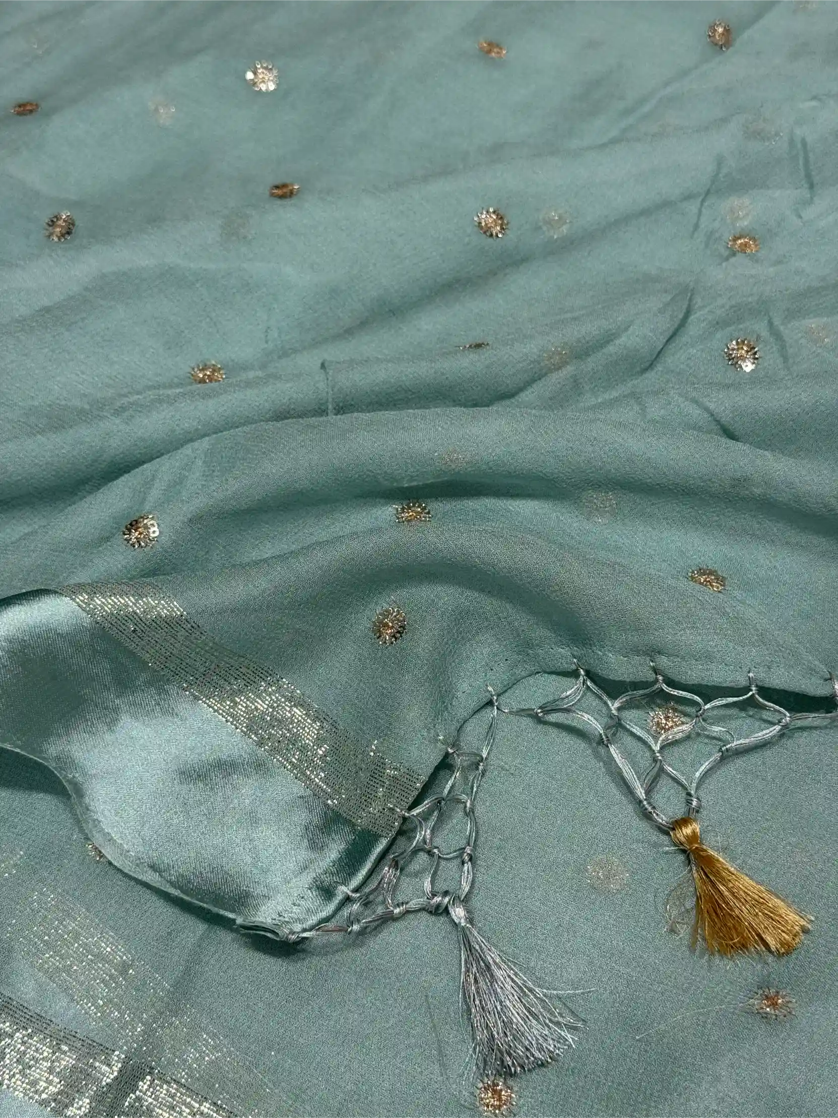 Sea Green Viscose Georgette Silk Embroidered Work Banarasi Saree - Image 5
